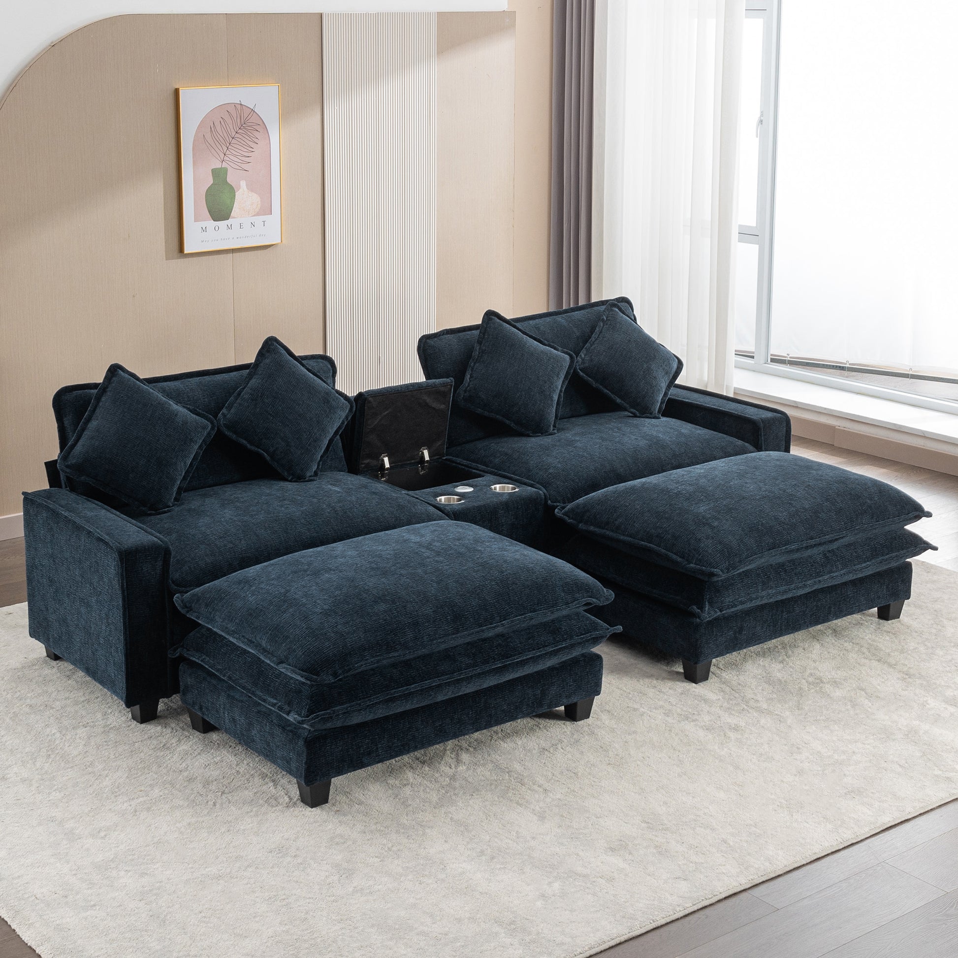 112.6" Sectional Sofa Chenille Upholstered Sofa With Two Removable Ottoman, Two Usb Ports, Two Cup Holders And Large Storage Box For Living Room, Blue Blue Foam Chenille 2 Seat