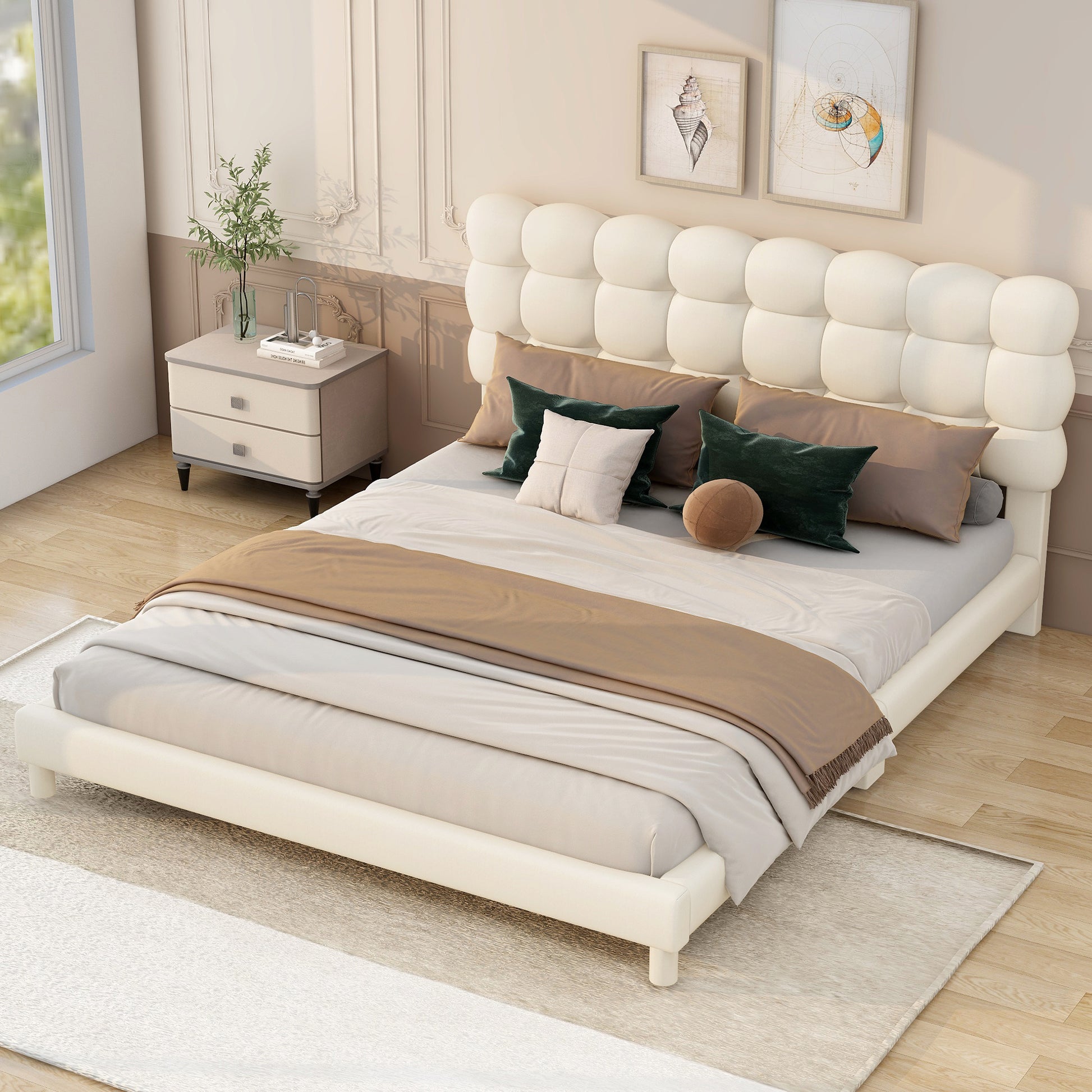 Full Size Upholstered Platform Bed With Soft Headboard,Beige Full Beige Upholstered