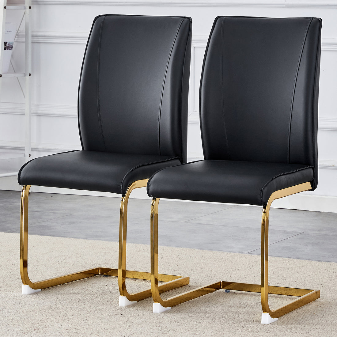 Luxury Simple Arch Chair Set Of 2 Black Pu Material High Resilience Dining Chair With Arched Metal Gold Leg. Black Gold Set Of 2 Metal,Pu