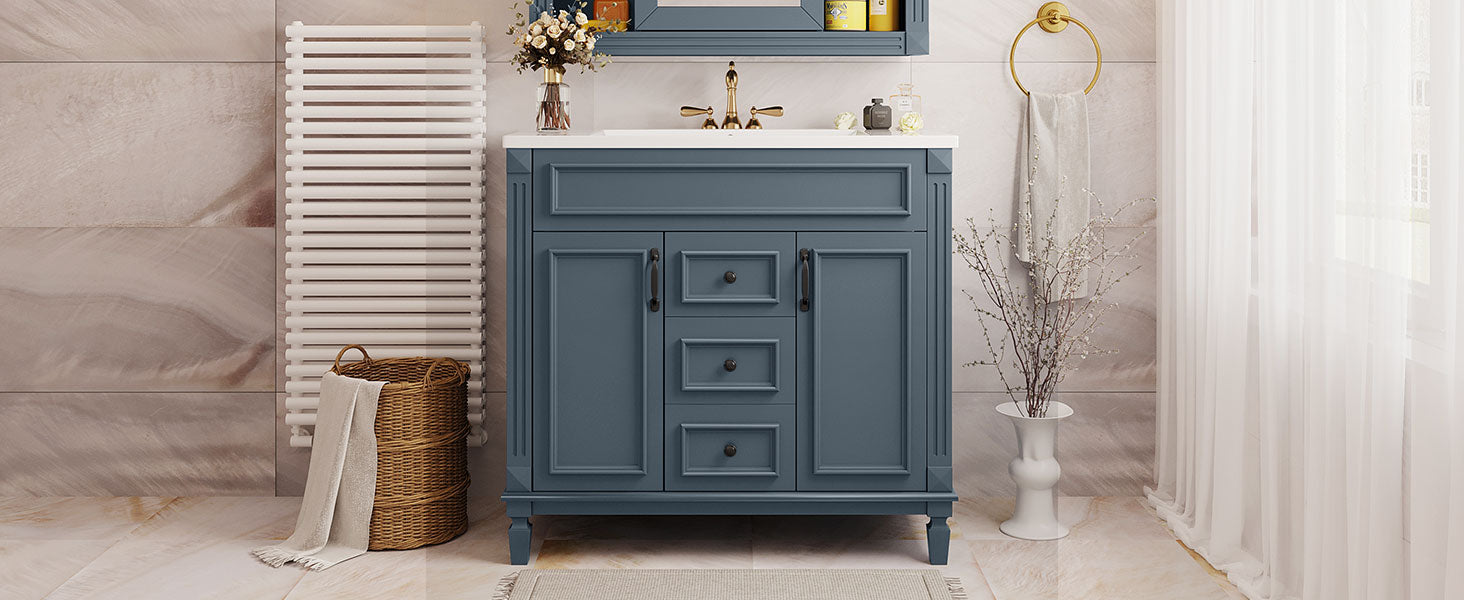 36'' Bathroom Vanity With Top Sink, Modern Bathroom Storage Cabinet With 2 Soft Closing Doors And 2 Drawers, Single Sink Bathroom Vanity Blue Bathroom Modern Solid Wood Mdf Ceramic,Solid Wood Mdf