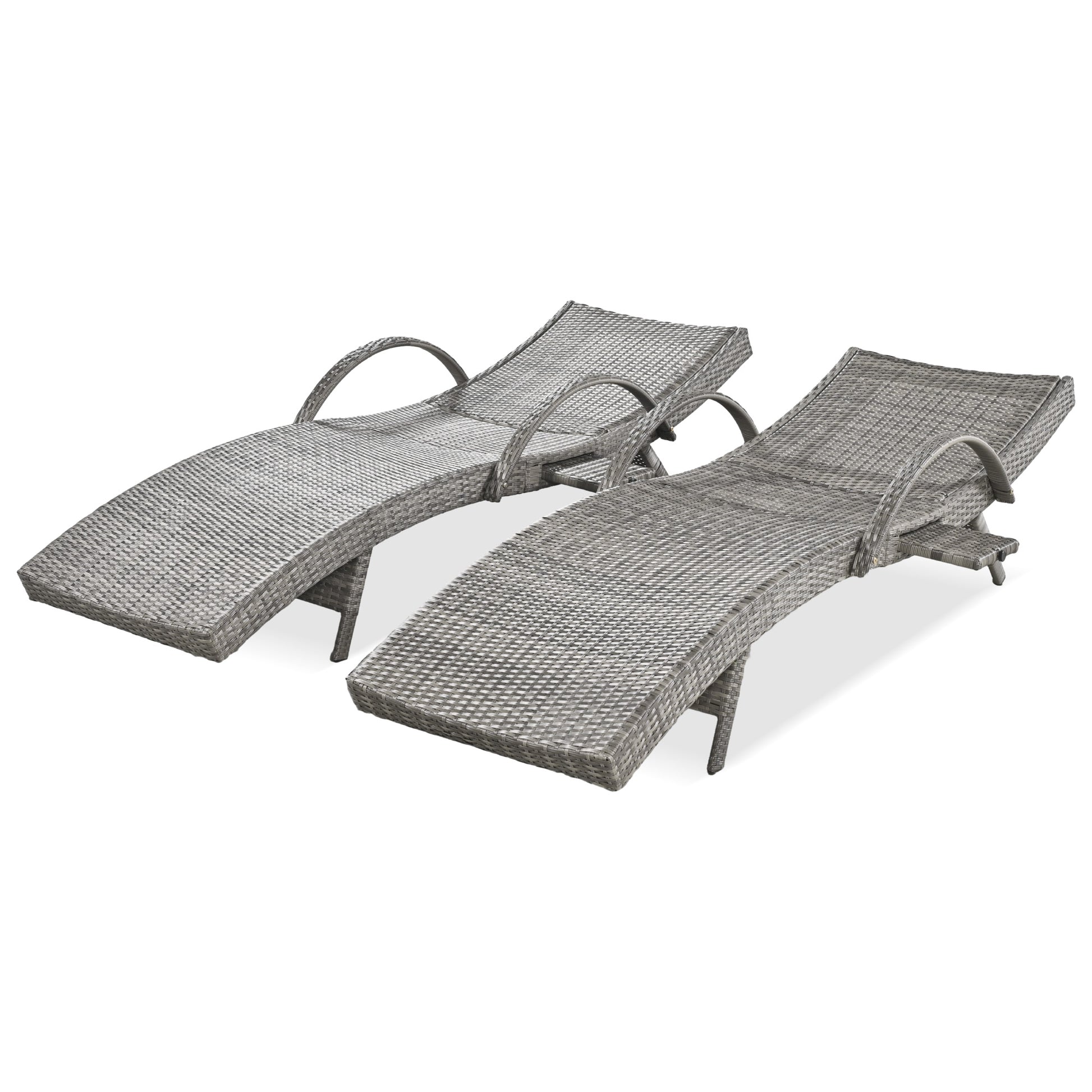 K&K 80'' Outdoor Wicker Chaise Lounge Chairs Set Of 2, Patio Rattan Reclining Chair Pull Out Side Table Adjustable Backrest Ergonomic Wave Design Pool Sunbathing Recliners, Grey No Lounge Grey Seats