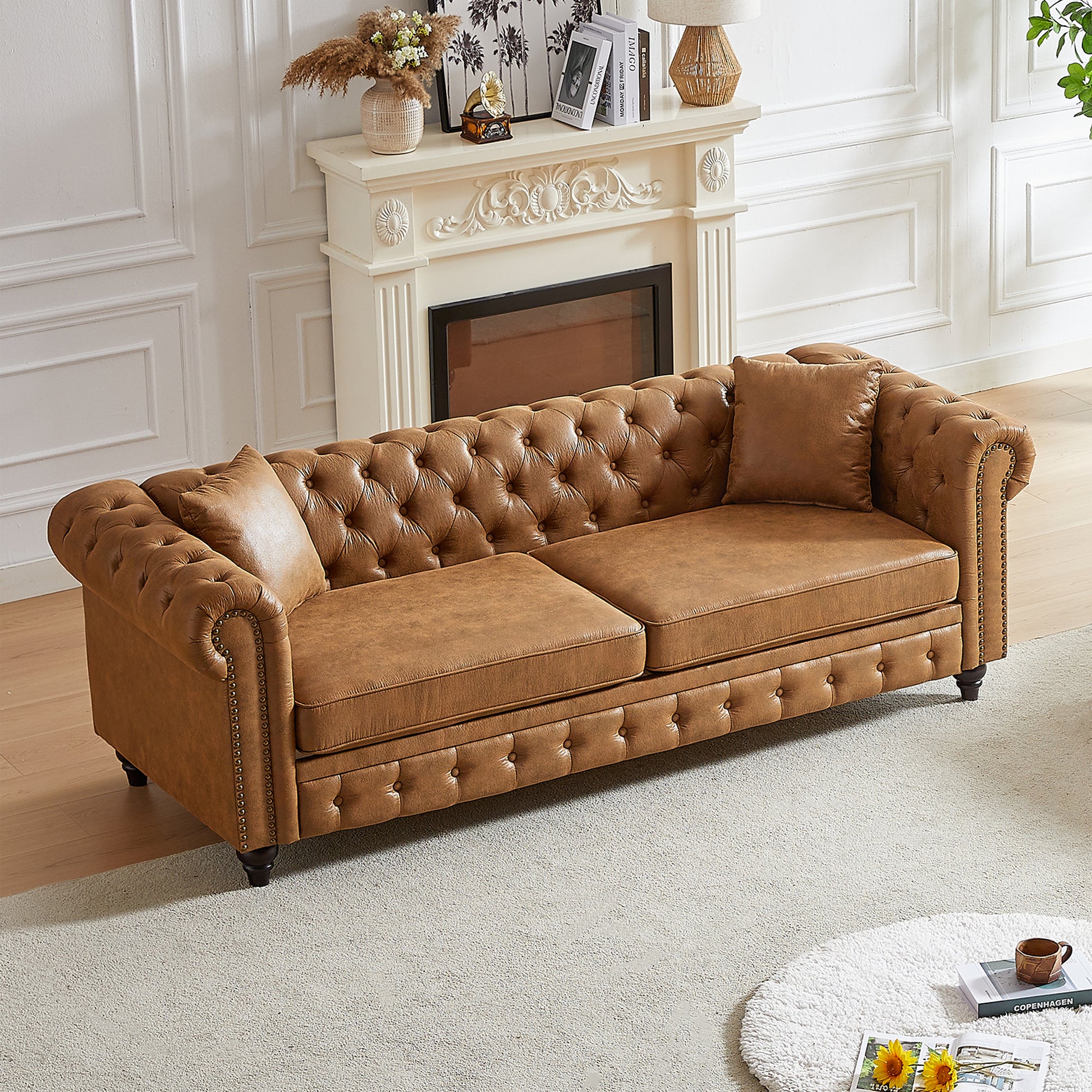 Fx 85.5"Living Room With Tech Fabric Chesterfield Sofa With Rolled Arms 3 Seater Sofa With Button Design And 2 Cushions For Apartment, Office, Living Room Brown Polyester Wood Primary Living Space Pine Foam Fabric 3 Seat