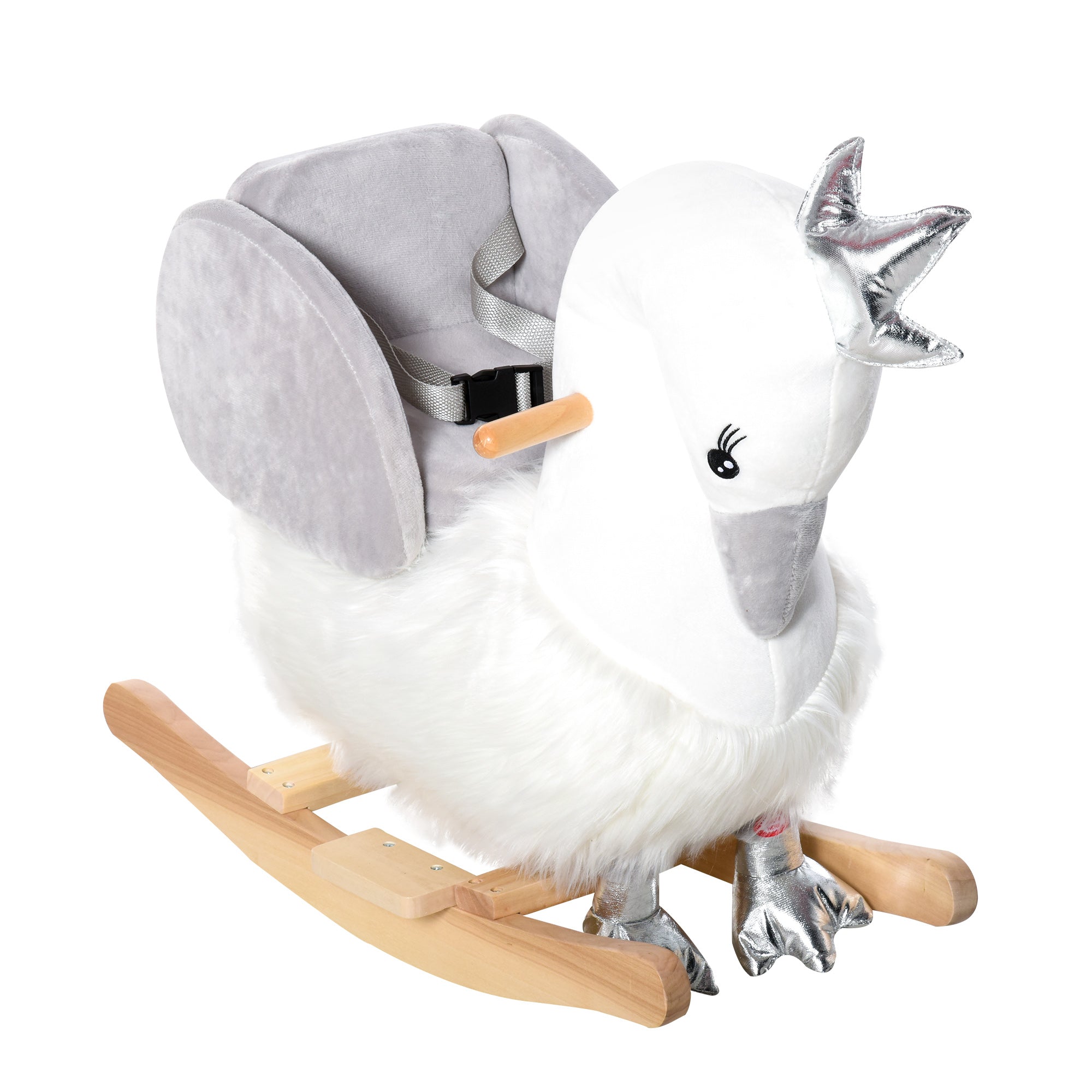 Qaba Rocking Horse, Kids Ride On Horse Swan Rocker With Sound, Plush Seat, Wooden Base, Safety Belt, For Toddlers 18 36 Months, White White Plush