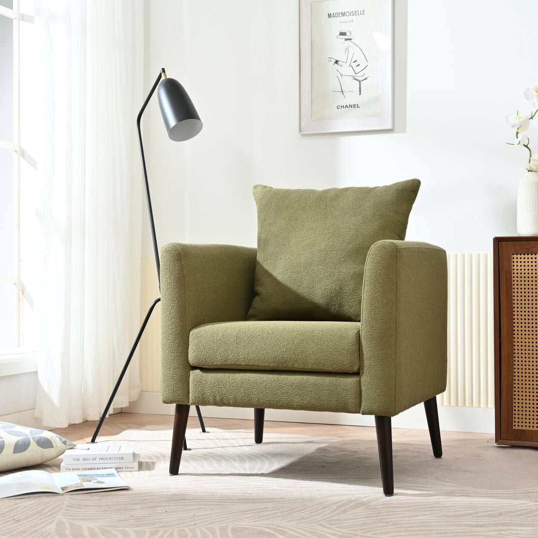 Barrel Chair, Modern Accent Chair, Fabric Armchair Club Chair,Upholstered Arm Chair With Solid Wood Legs,Waist Pillow,Padded Single Chair For Living Room Bedroom Study Waiting Room,Olive Green Olive Green Light Brown Primary Living Space Modern