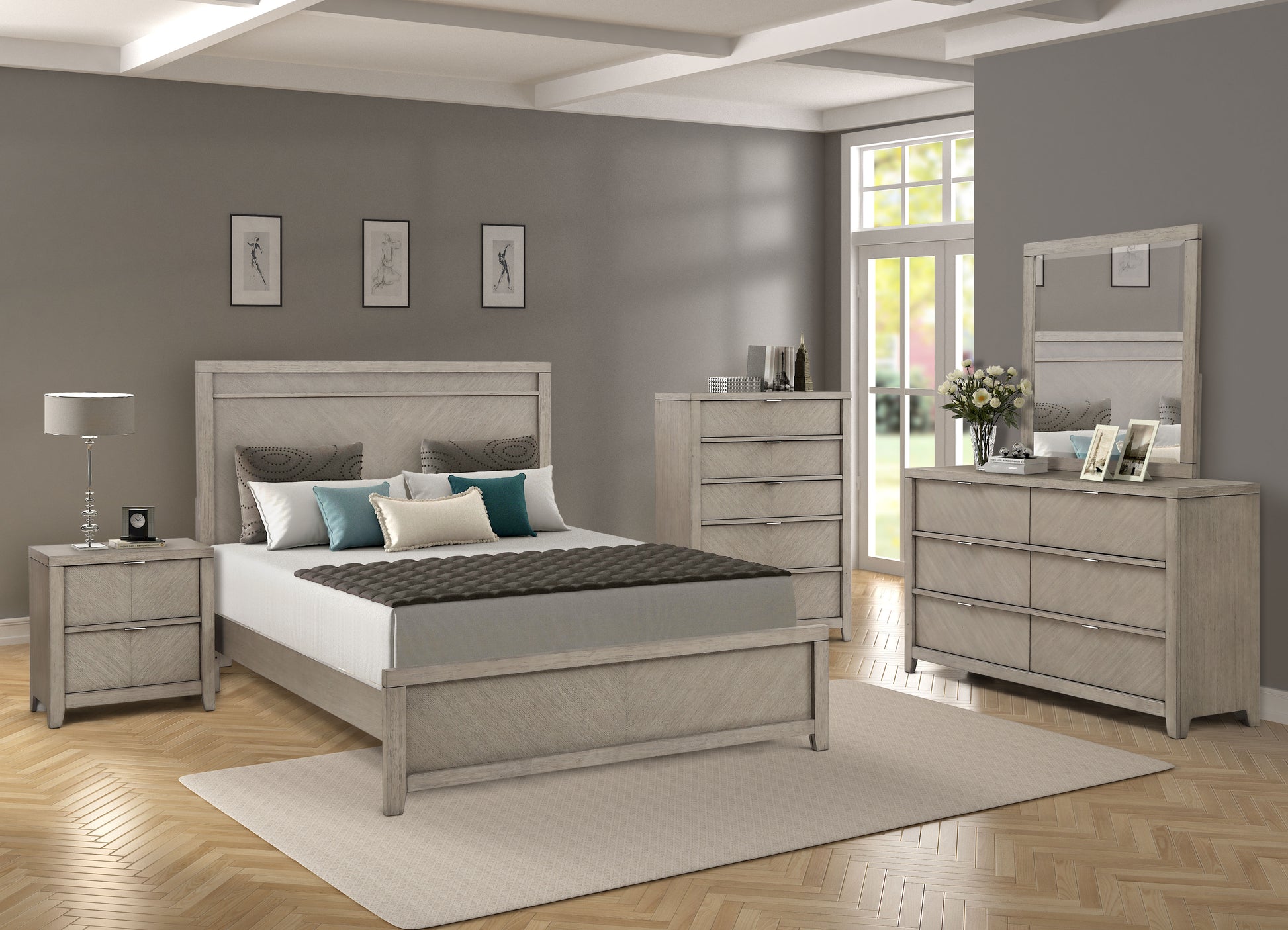 Queen Bed Light Gray Solid Wood Mdf