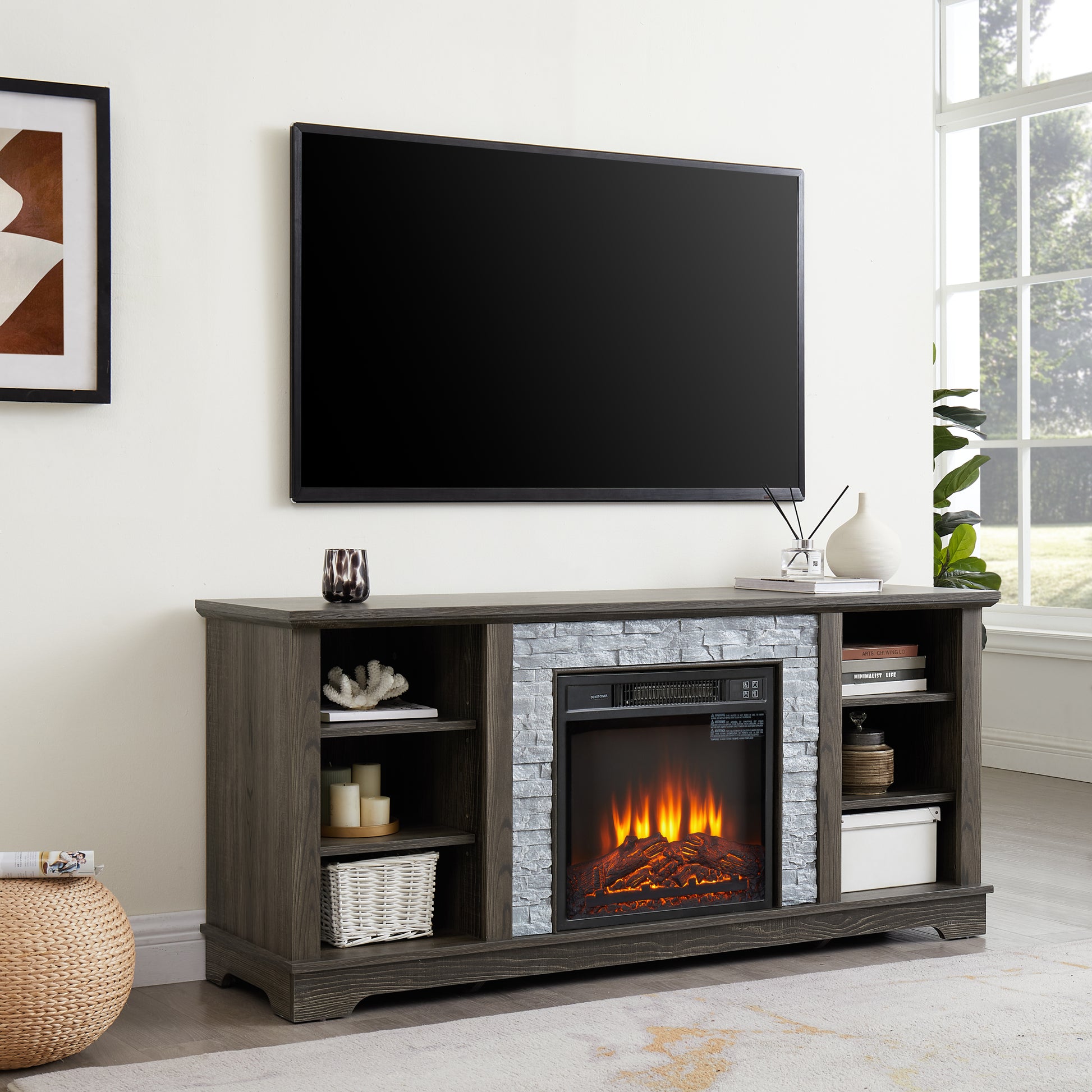 Mantel Electric Fireplace Stone Tv Media Stand With With Faux Stacked Stone Surround, Modern Entertainment Console With Open Storage Space,Grey, 58.31"W*15.39"D*26.06"H Grey 60 69 Inches Mdf