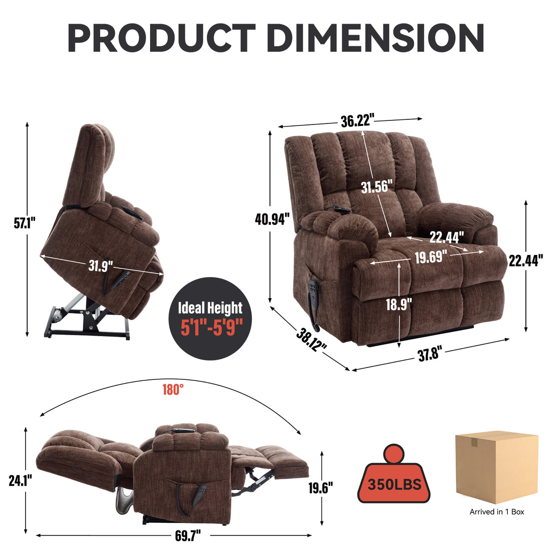 Dual Motor Heat Massage Infinite Position Up To 350 Lbs Electric Power Lift Recliners With Power Remote, Medium Firm And Heavy Duty, Brown White Metal Primary Living Space Heavy Duty Pine Brown Chenille Power Remote Medium Firm Cushion Back American