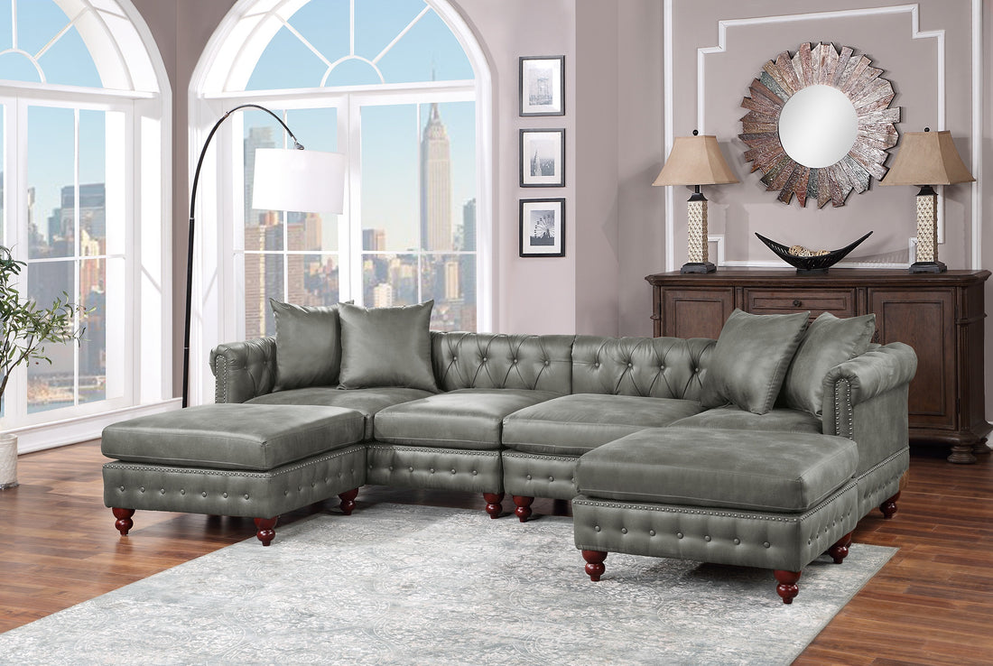 Slate Gray 4Pc Sectional Set 2X Reversible Loveseat Chaise And 2X Ottomans Tufted Couch Pillows Light Slate Grey Faux Leather Wood Primary Living Space Tight Back Contemporary,Luxury,Traditional U