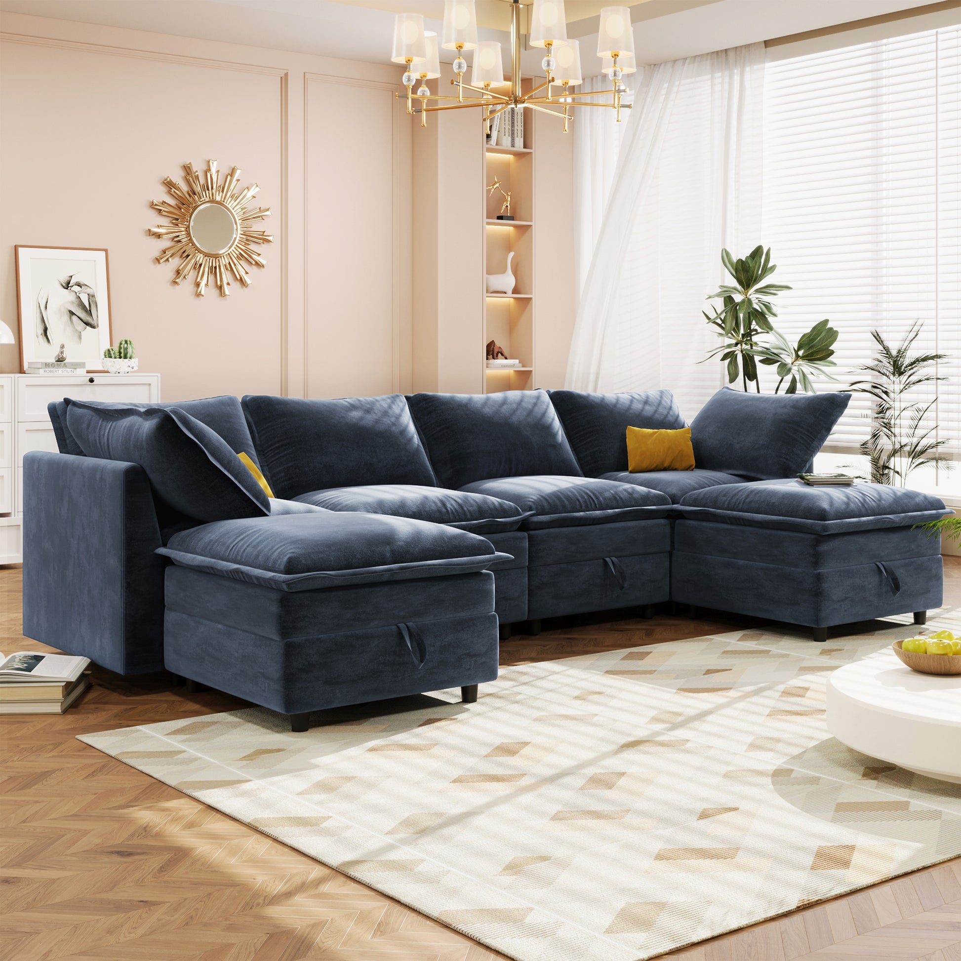 Mirod Versatile 6 Piece Modular Sofa Bed With Storage,Stylish Faux Double Layer Cushions,Comfortable & Durable Design,Perfect For Any Living Space Dark Blue Polyester 6 Seat