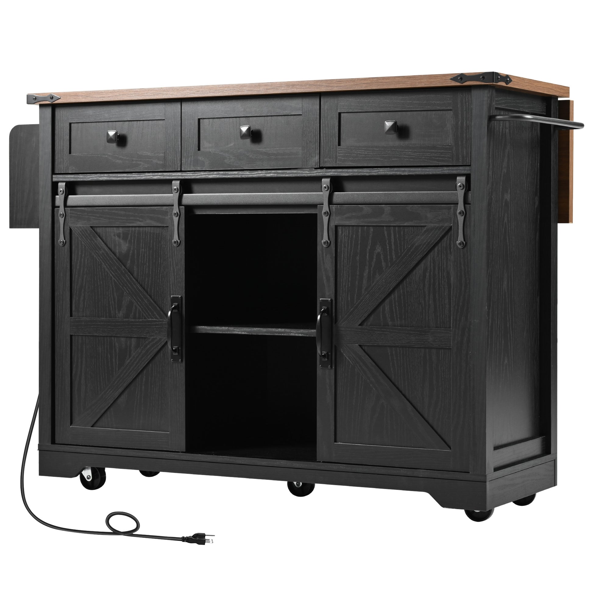 K&K 53.7" Farmhouse Kitchen Island With Power Outlet, 2 Sliding Barn Door Kitchen Storage Island With Drop Leaf, Spice Rack Rolling Kitchen Cart On Wheels, For Home, Kitchen And Dining Room, Black