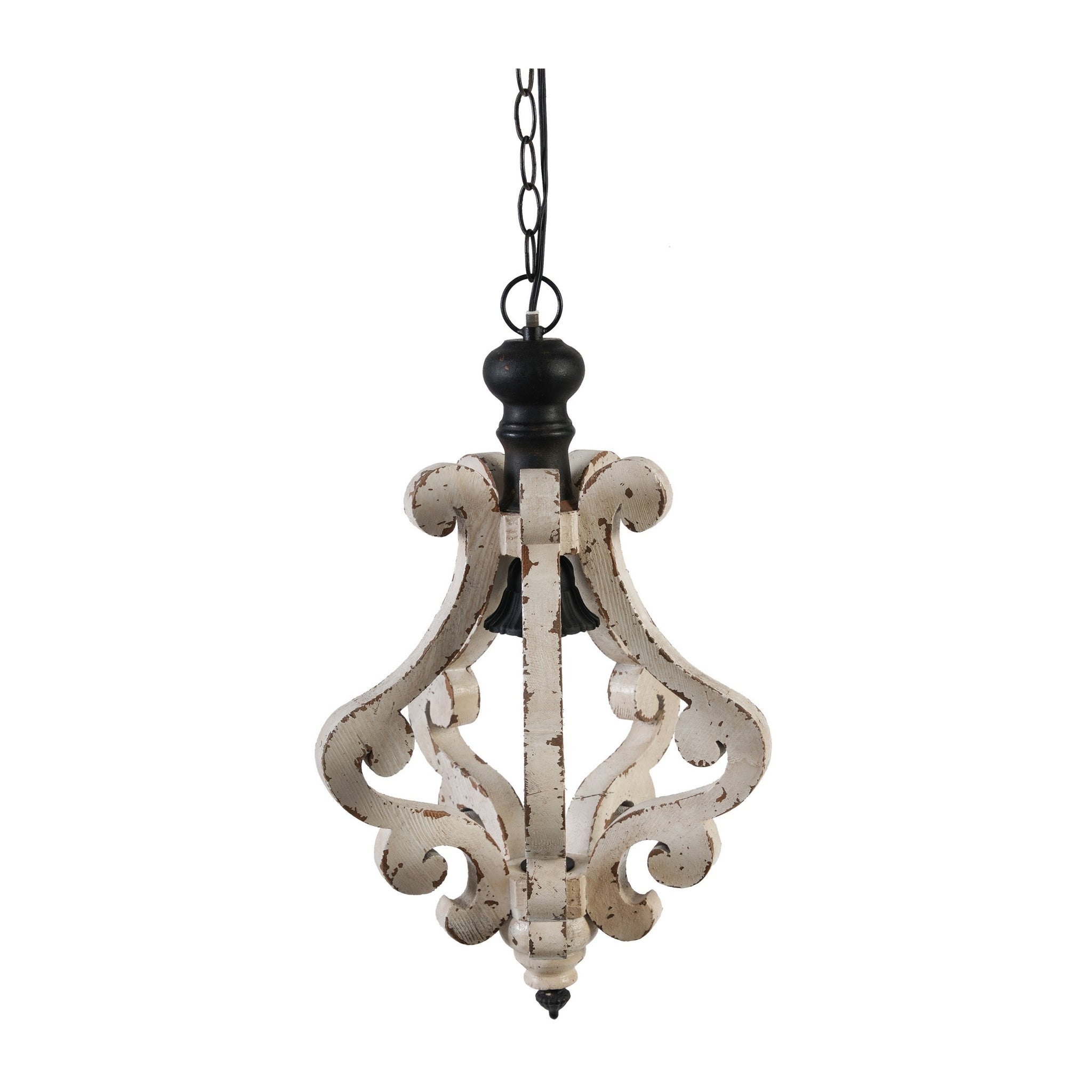 13 Inch 1 Light Chandelier, Classic Fir Wood Scrollwork, Iron, White, Black White Black Metal & Wood