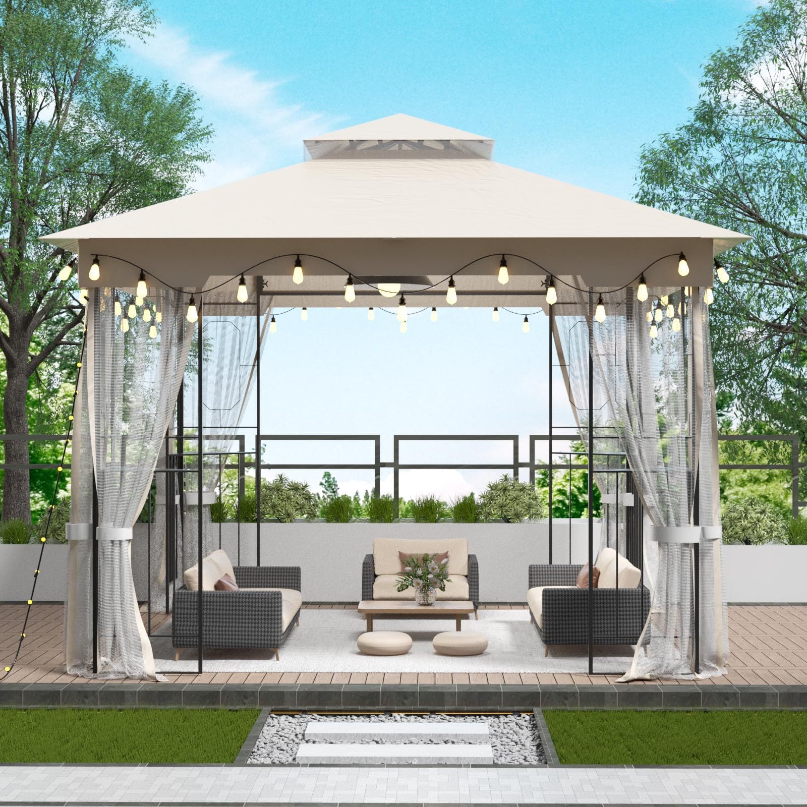 10X10Ft Softtop Metal Gazebo With Mosquito Net&Sunshade Curtains,Sturdy Heavy Duty Double Roof Canopy,Galvanized Steel Design Outdoor Tent,Suitable For Gardens,Patio,Backyard Beige Metal Waterproof Fabric