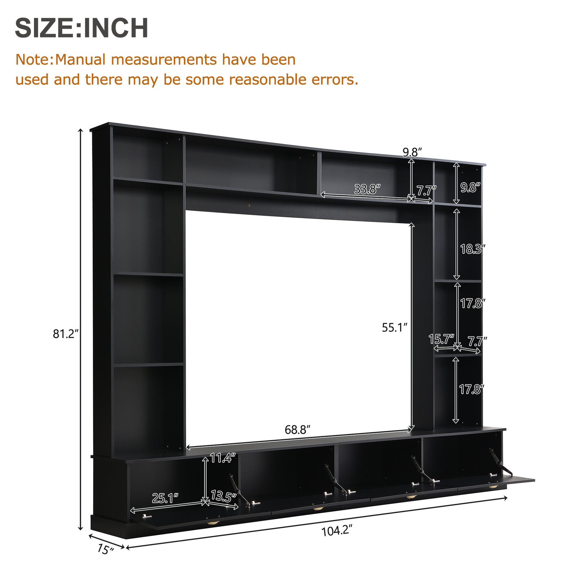 Large Wall Unit Entertainment Center With Bookshelves For Tvs Up To 78'', Modern Tv Console With Cabinets And Open Shelves, 4 In 1 Tv Stand With Golden Handles, Black, 104.2''W*81.2''H Black 70 79 Inches Mdf