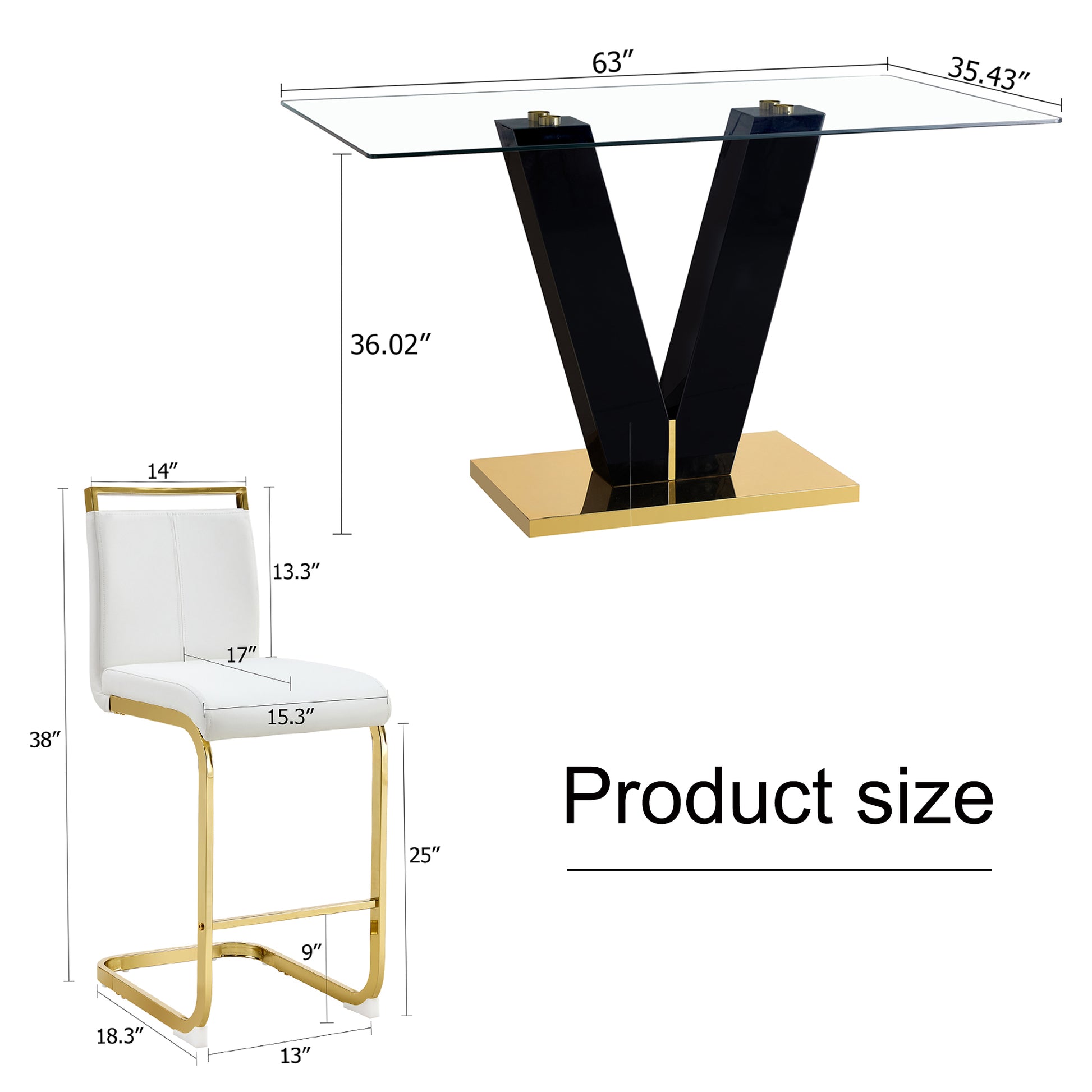 Table And Chair Set,Clear Tempered Glass And Black Legs Of The Table, Pu And Gold Legs Of The Chair White Black Seats 6 Tempered Glass