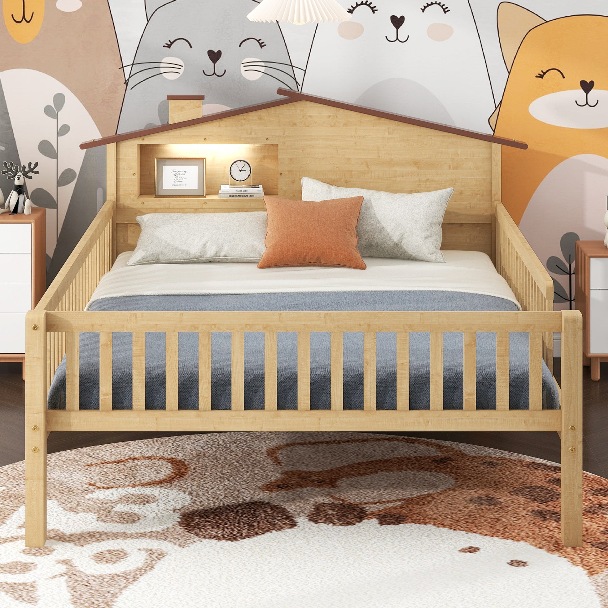 Full Size Wood Platform Bed With House Shaped Headboard, Led And Built In Storage, Natural Box Spring Not Required Full Natural Wood Bedroom Bed Frame Wood