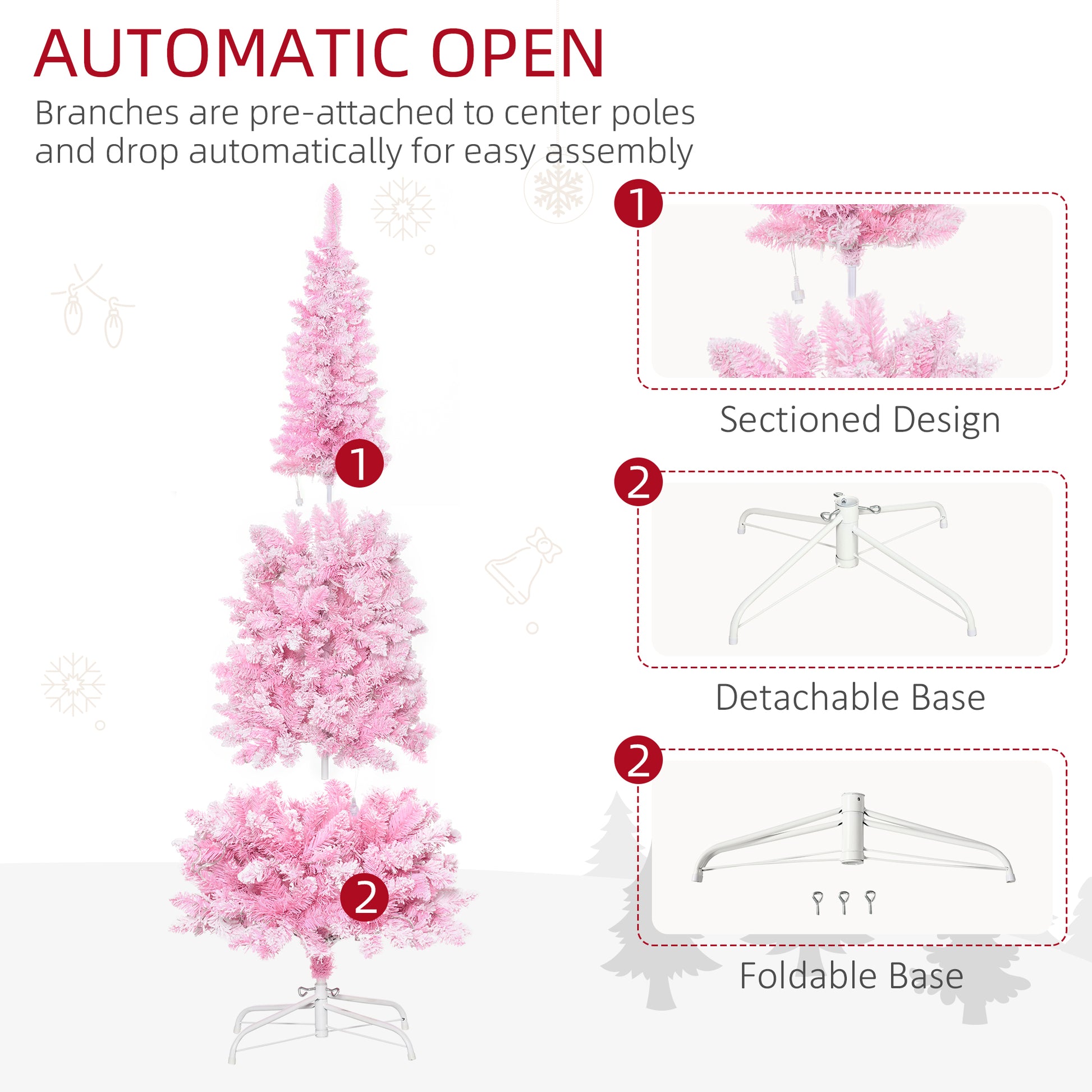 Homcom 6Ft Prelit Snow Flocked Artificial Christmas Tree With Pencil Shape, Pine Realistic Branches, Warm White Led Lights, Auto Open, Pink And White Pink Plastic