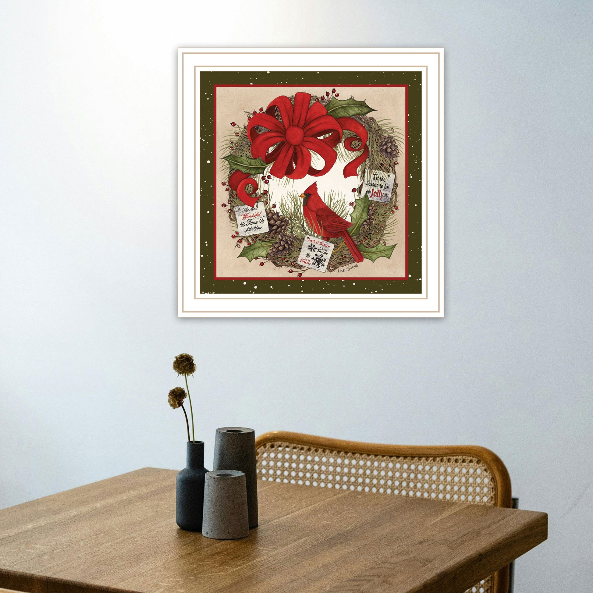 Cardinal Wreath White Framed Wall Art For Living Room, Bedroom Wall Art Print For Home Decor By Linda Spivey Multicolor Wood Paper