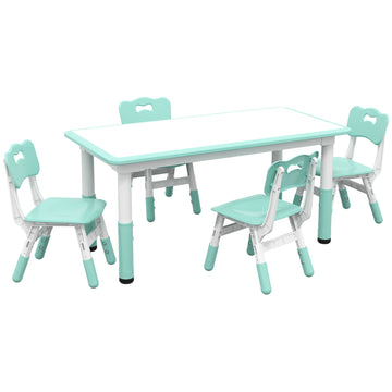 Qaba Kids Table And Chair Set, 5 Piece Toddler Table And Chair Set With 4 Chairs Adjustable Height, For Snack Time, Homeschooling Aged 1.5 5 Years Old, Green Green Plastic