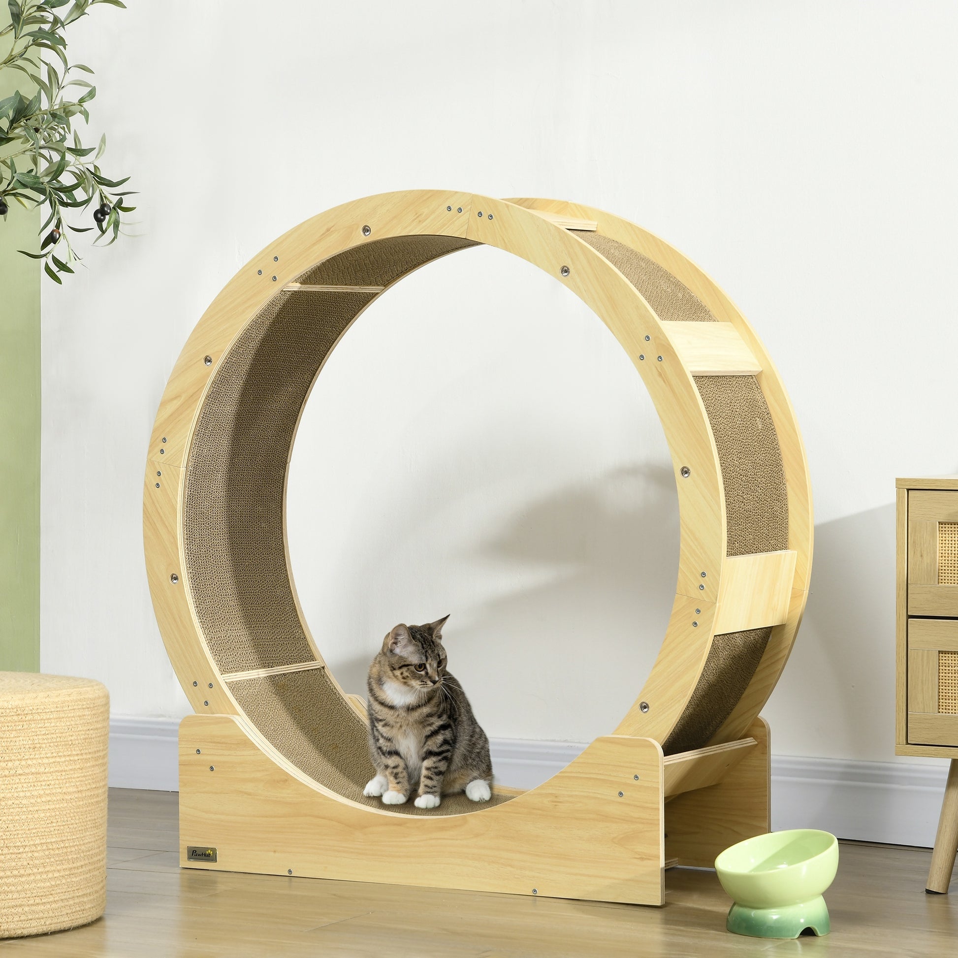 Pawhut Cat Wheel For Indoor Cats, 36" Cat Treadmill With Scratching Pads, Cat Exercise Running Wheel With Brake For Health And Fitness, Oak Oak Wood