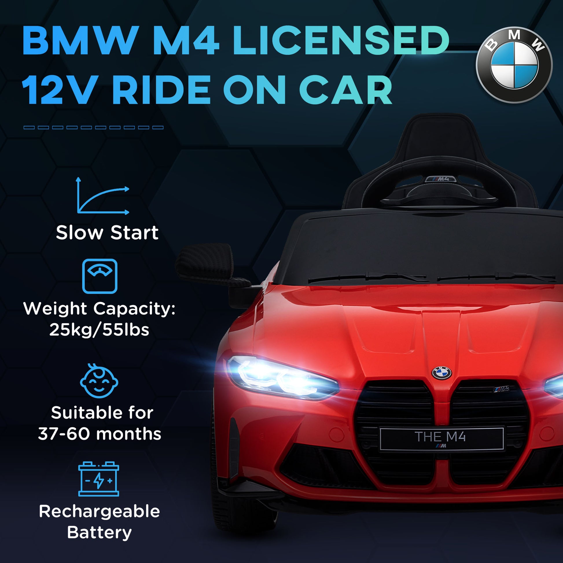 Qaba Bmw M4 Licensed Kids Electric Car, 12V Ride On Car With Parent Remote Control, Suspension, Handle Attachment, Battery Powered Kids Car With Led Lights, Music, Soft Start, Red Red Plastic