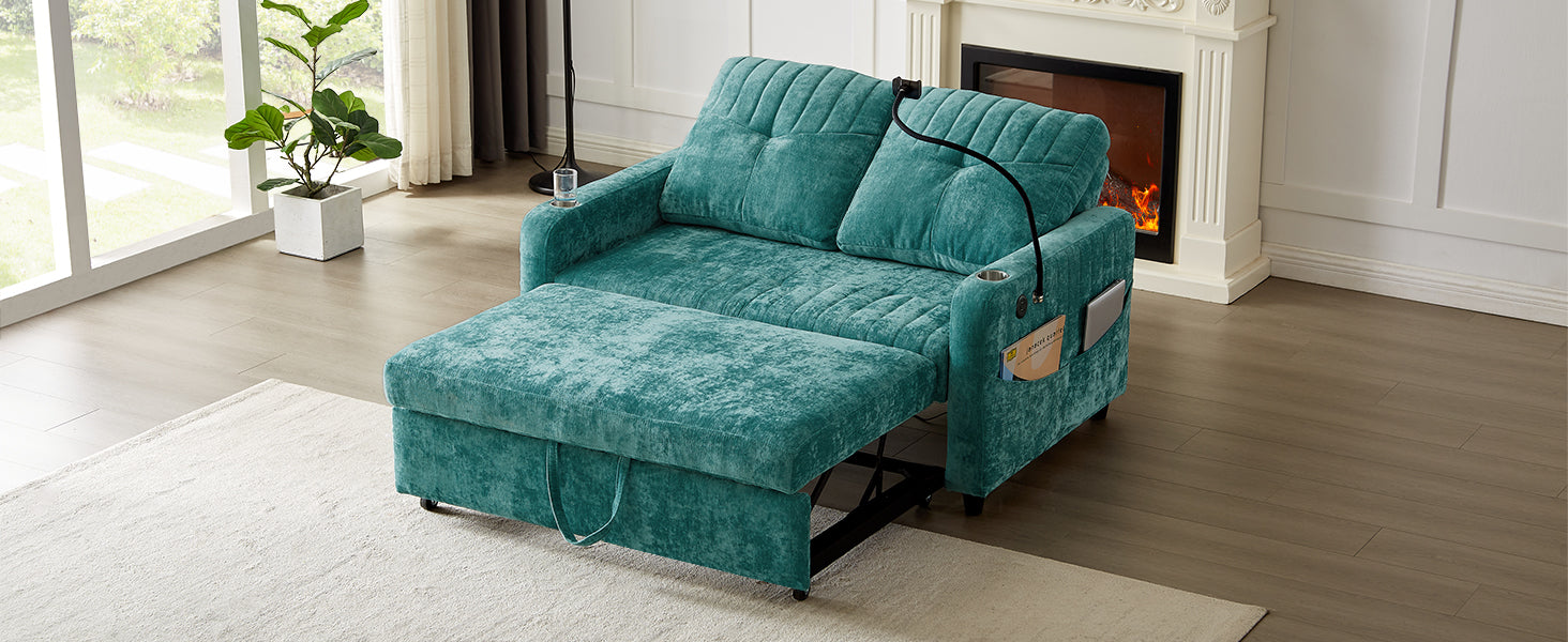 53.9" Modern Loveseat Pull Out Sofa Bed With Adjustable Backrest, Two Cup Holdersa Phone Holder, Three Charging Ports And Side Storage Pockets For Living Room, Teal Teal Foam Chenille