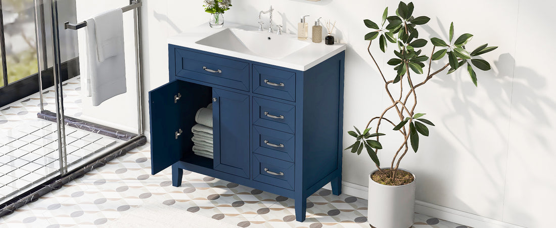 36" Bathroom Vanity With Sink Combo, Blue Bathroom Cabinet With Drawers, Solid Frame And Mdf Board Blue Solid Wood Mdf