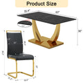 Table And Chair Set.Modern Rectangular Dining Table With Black Textured Stickers Glass Tabletop And Gold Plated Metal Legs.Paried With 6 Comfortable Chairs With Pu Seats And Golden Metal Legs. Black Gold Seats 6 Glass Metal