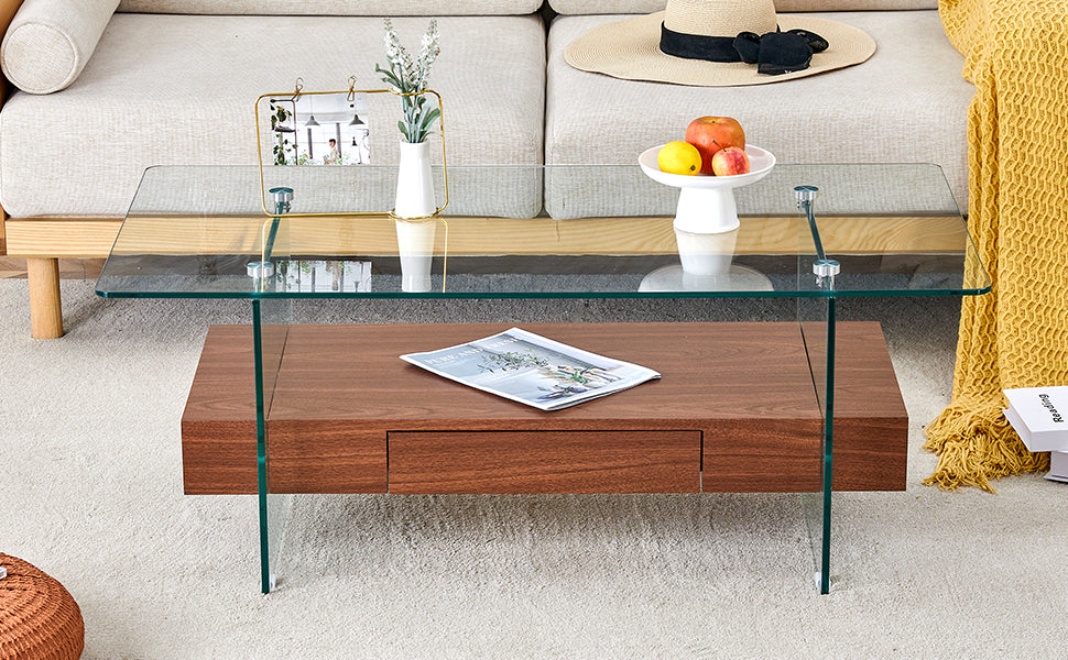 43.3 Inch Modern Two Tier Coffee Table Clear Tempered Glass And Dark Wood Grain, Multifunctional Storage Design.The Bottom Tier Includes A Drawer.Can Be Used As A Coffee Table,Side Table,Etc.