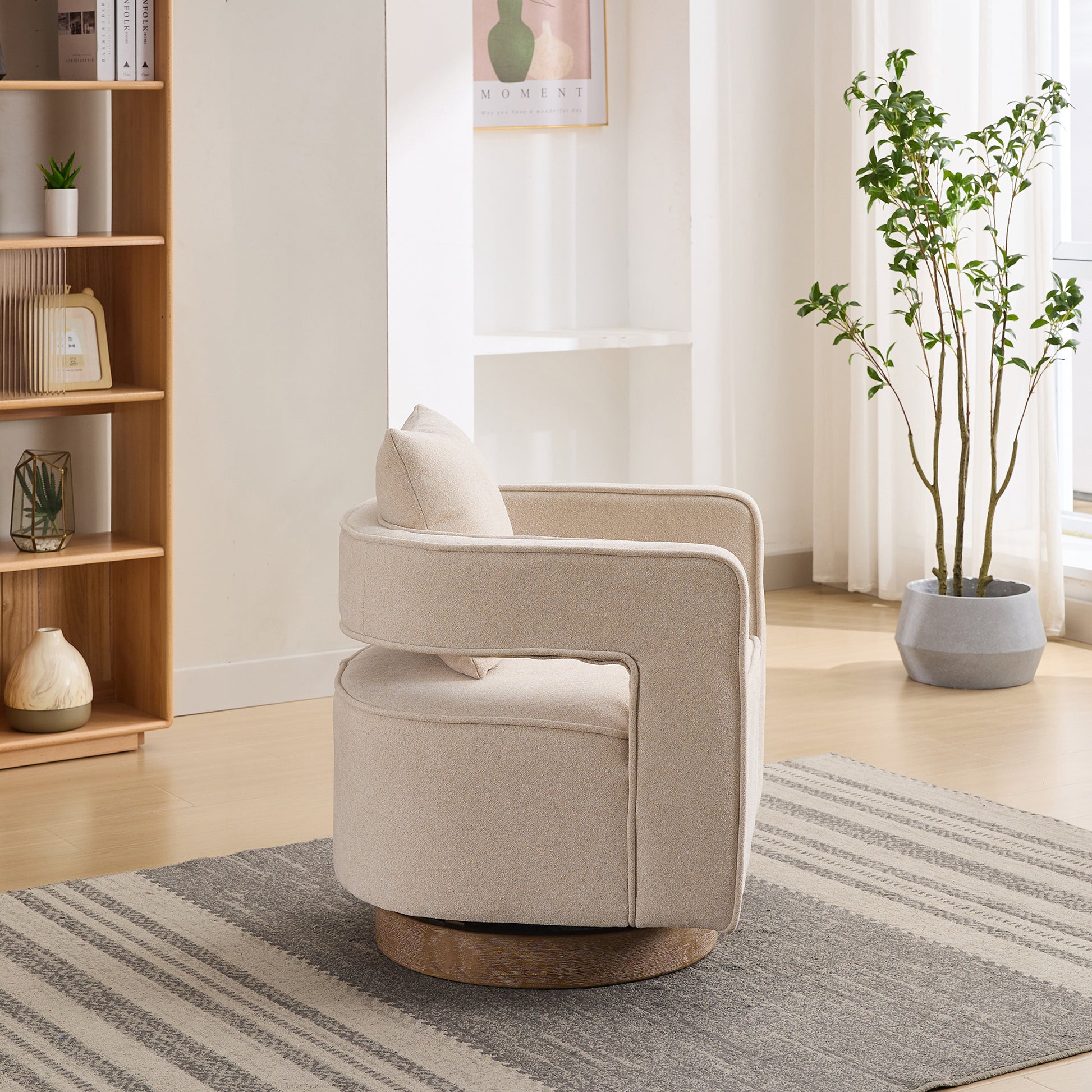 29.1"W Swivel Accent Open Back Chair Modern Comfy Sofa Chair With Weathered Base For Nursery Bedroom Living Room Hotel Office, Club Chair Leisure Arm Chair For Lounge Beige,Linen Blend Beige Linen Blend