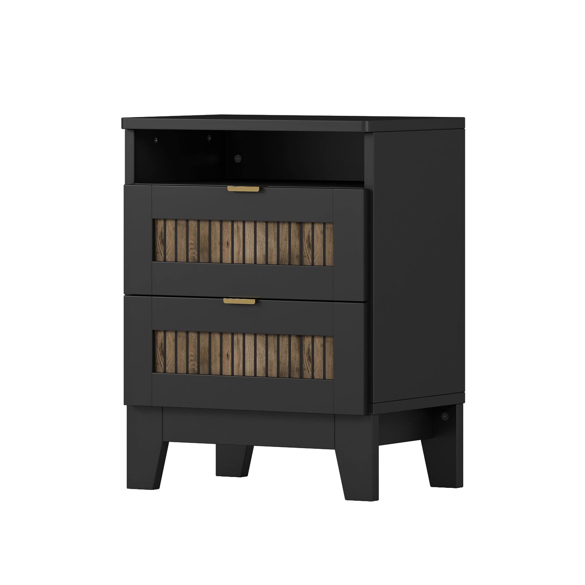 4 Pieces Bedroom Sets, Full Size Farmhouse Platform Bed With Wooden Strip Decoration, Storage Nightstand And Dresser With Metal Handle, Black Full Black 4 Piece Set Particle Board