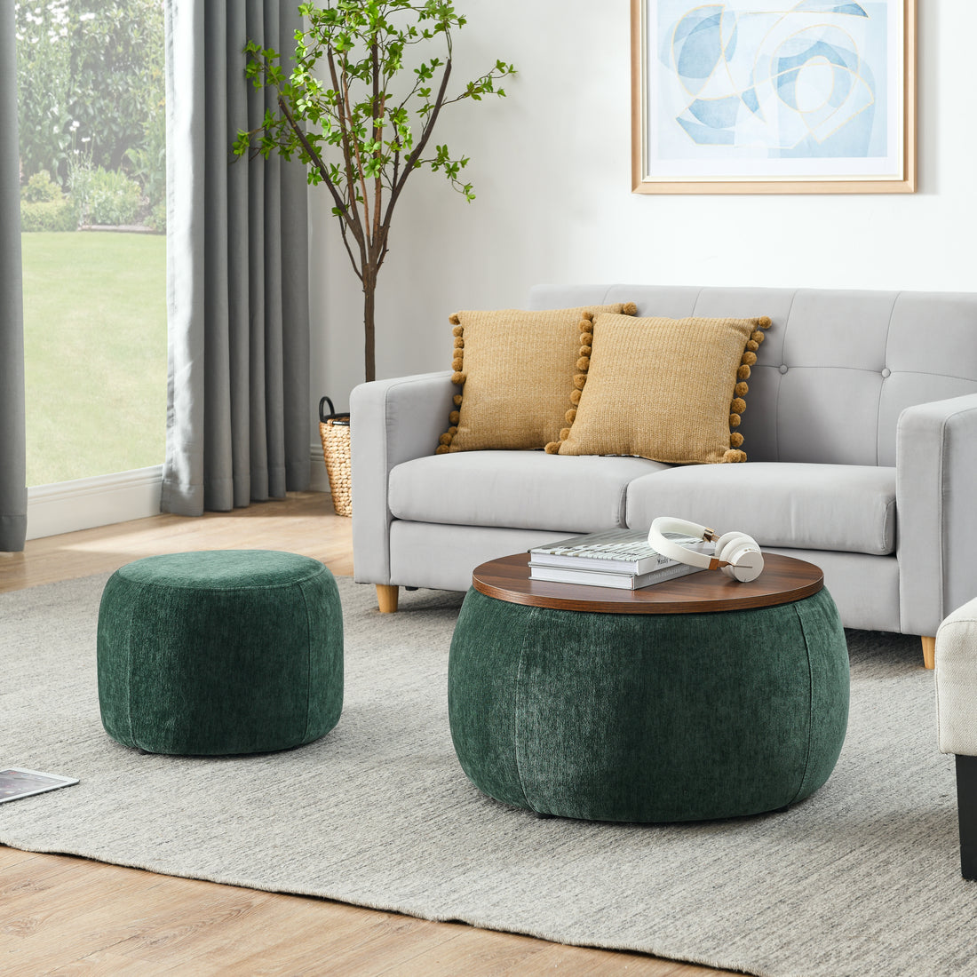 Round Storage Ottoman, 2 In 1 Function, Work As End Table And Ottoman,With Small Seat,Green 25"X25"X14.7" Green Foam