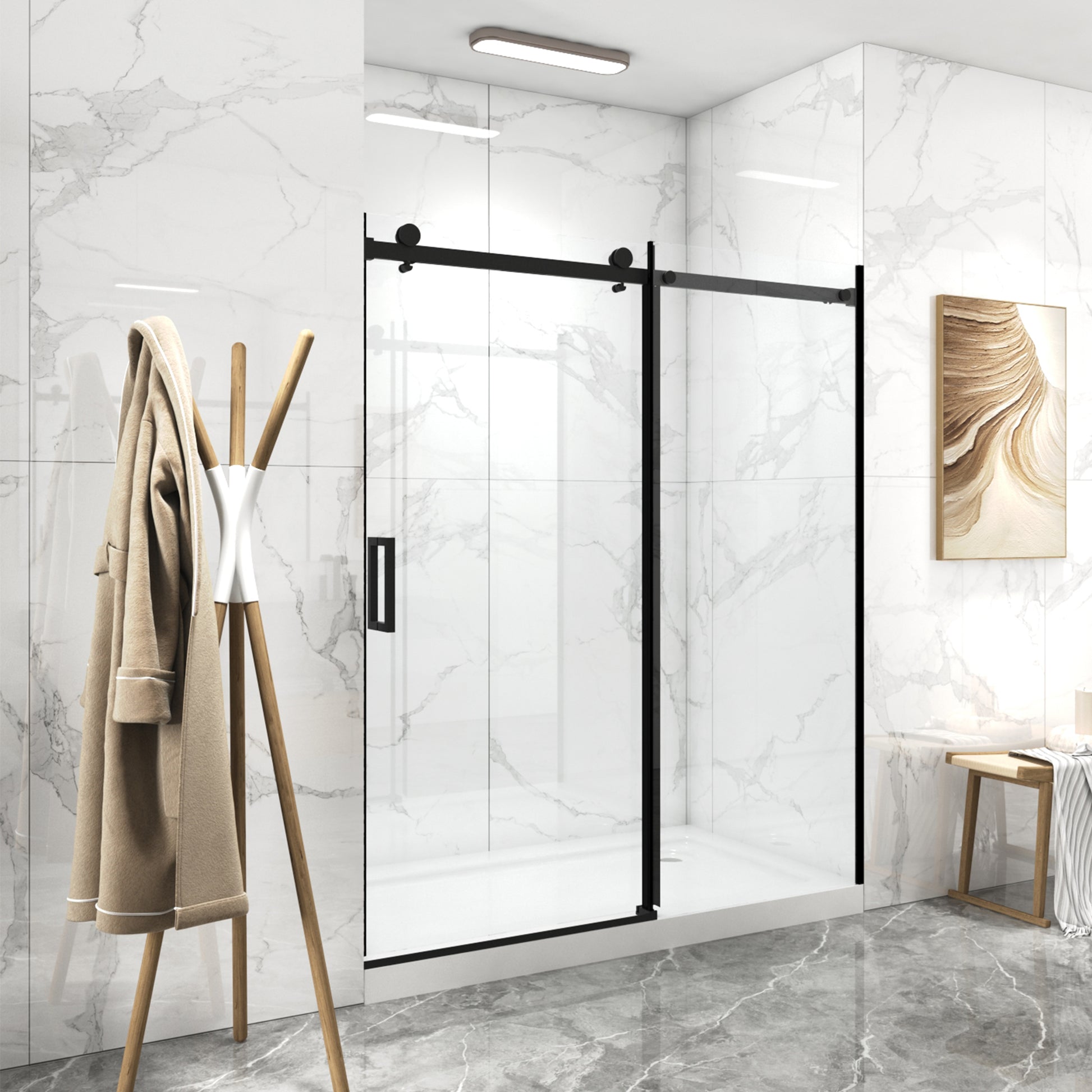 56" 60"W X 70"H Frameless , Sliding , With Premium 5 16" 8Mm Thick Tempered Glass Shower Enclosure,Double Side Easy Clean Coat,Matte Black Finished With Buffer Matt Black Bathroom American Design