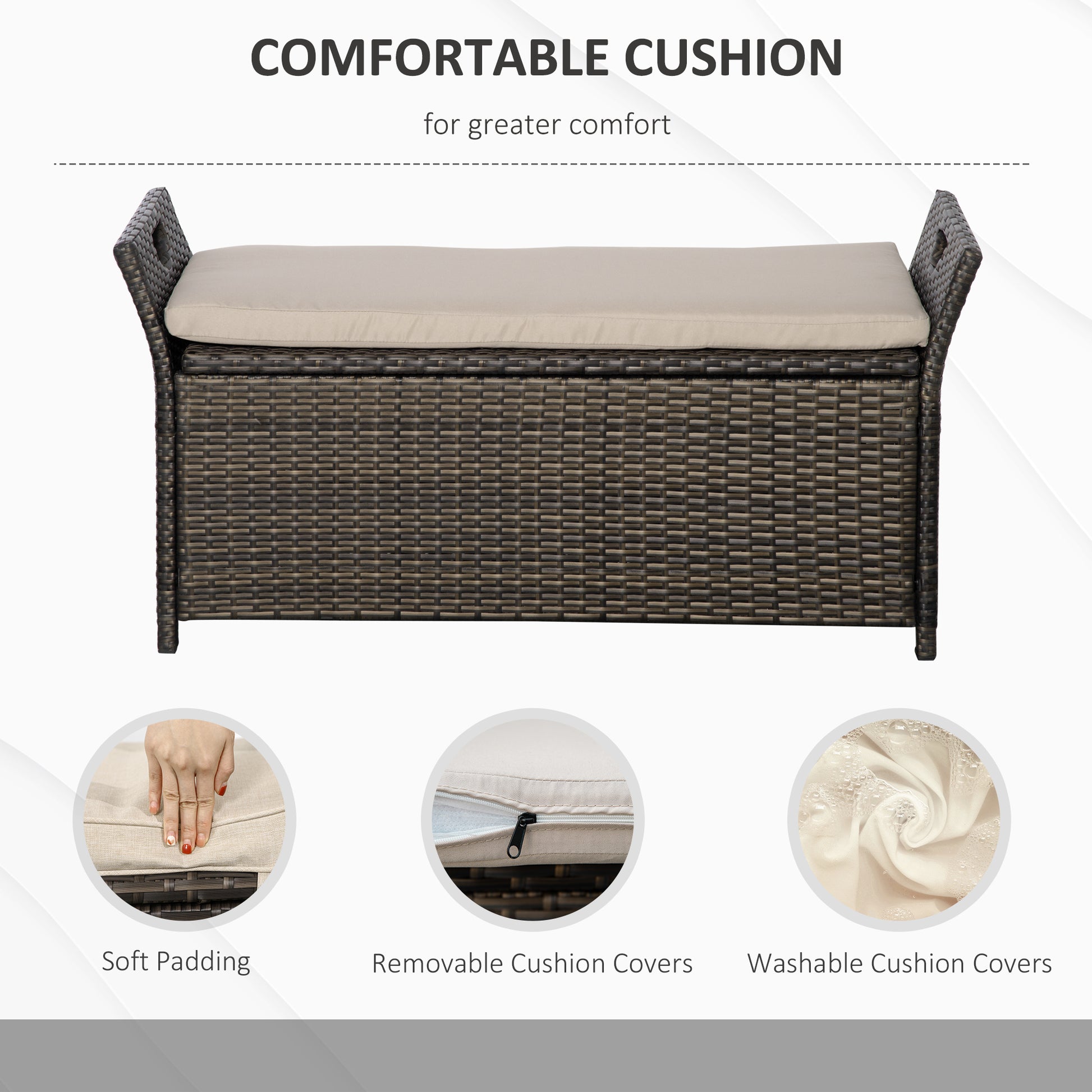 Outsunny 27 Gallon Patio Wicker Storage Bench, Outdoor Pe Rattan Patio Furniture, 2 In 1 Large Capacity Rectangle Garden Storage Box With Handles And Cushion, Cream White Brown White Steel