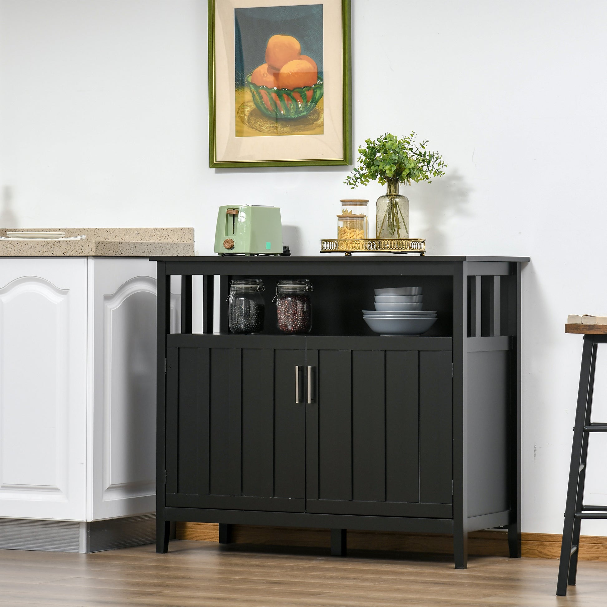 Homcom Sideboard Buffet Cabinet, Kitchen Cabinet, Coffee Bar Cabinet With 2 Doors And Adjustable Shelves For Entryway Living Room, Black Black Mdf