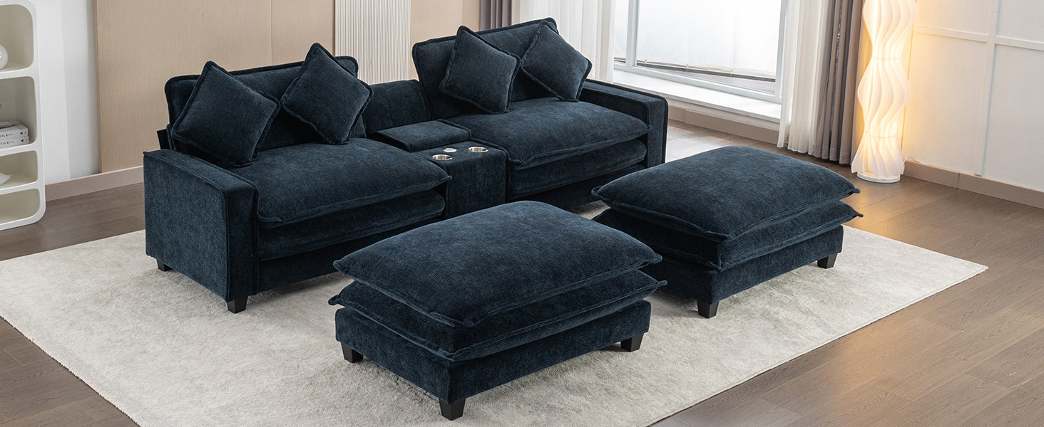 112.6" Sectional Sofa Chenille Upholstered Sofa With Two Removable Ottoman, Two Usb Ports, Two Cup Holders And Large Storage Box For Living Room, Blue Blue Foam Chenille 2 Seat