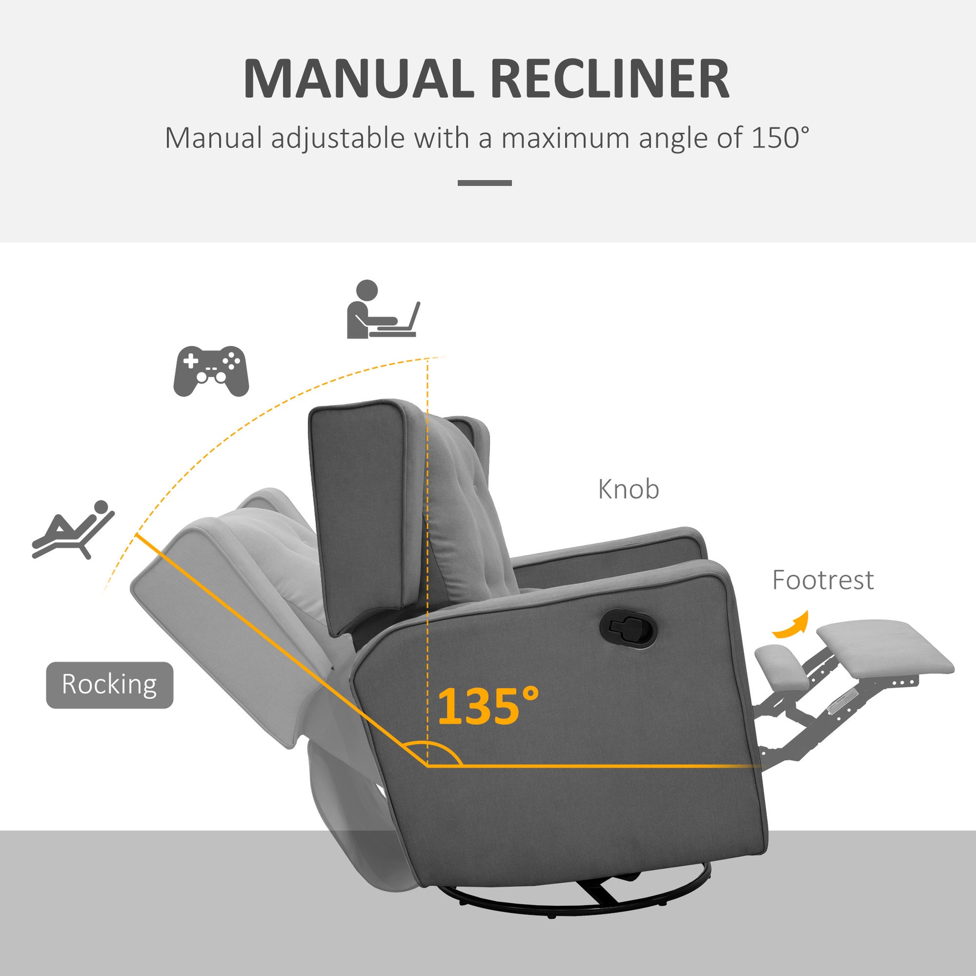 Homcom Wingback Swivel Recliner Chair Glider Rocking Chair For Nursery With Button Tufted, Padded Single Home Theater Seater For Living Room Bedroom, Grey Grey Linen