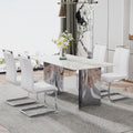 Modern Minimalist Dining Table. Imitation Marble Glass Sticker Desktop, Stainless Steel Legs, Stable And Beautiful. 4 White Pu Seats. 63 
