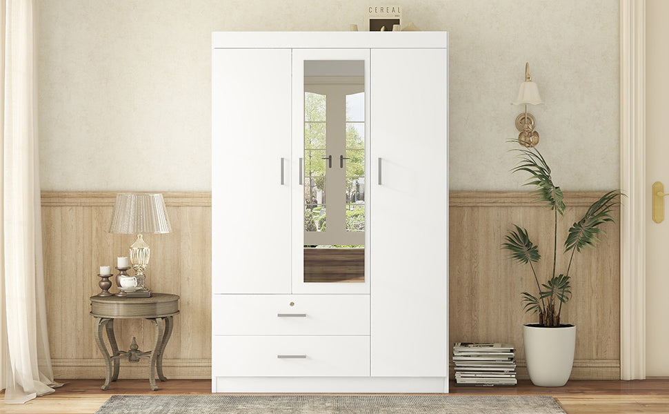 3 Door Mirror Wardrobe With Shelves, White White Plywood