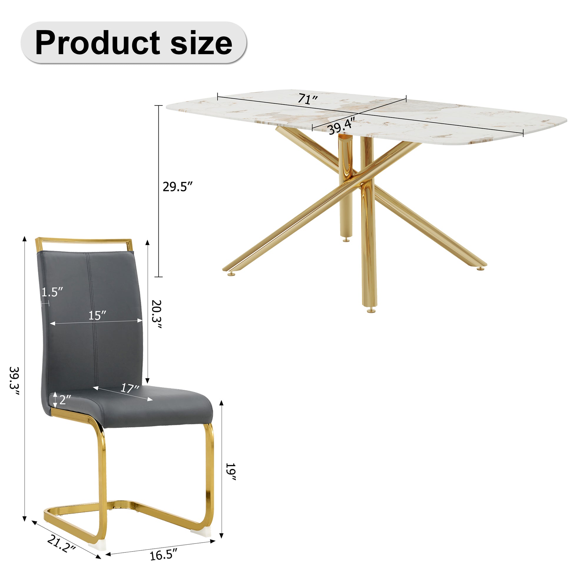 Table And Chair Set.Modern Luxurious Tempered Glass Dining Table Set With 6 Gold Metal Legs And Pu Chairs.White Marble Patterned Sticker Tabletop,Dark Gray Chairs With Gold Metal Legs. Gold,Gray