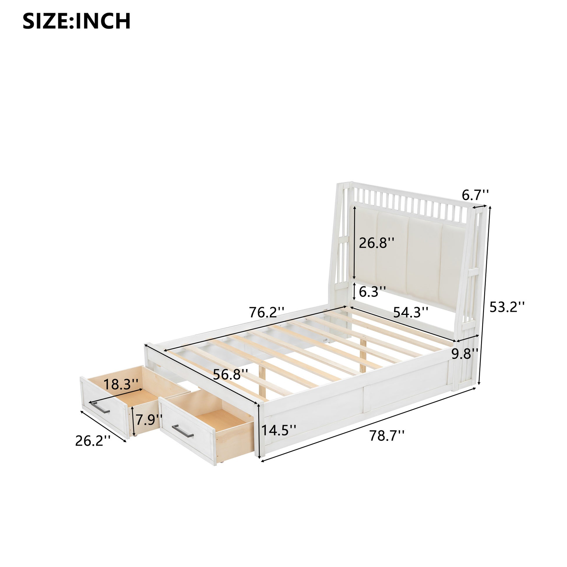 Full Size Wood Platform Bed With Upholstered Headboard And 2 Drawers, White Box Spring Not Required Full White Wood Bed Frame Solid Wood Mdf