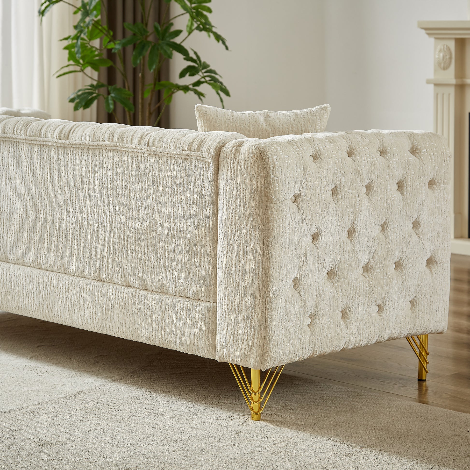 Chenille Pull Buckle Design Sofa For Living Room,Buttons Tufted With Copper Nail Decoration Armrest, Modern Couch Upholstered Button And Metal Legs Beige Foam Chenille 6 Seat
