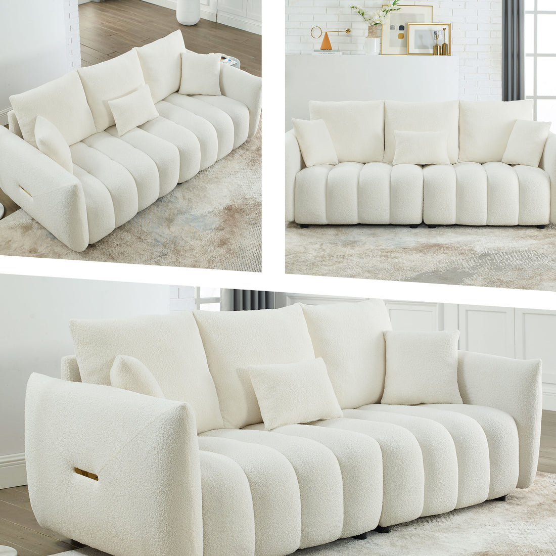 Video Mh 82" Premium Teddy Fabric Sofa With 3 Back Pillows And 3 Back Cushions Solid Wood Frame 3 Seater Sofa, Oversized Upholstered Chair For Living Room, Bedroom, Apartment And Office Beige Wood Primary Living Space Foam Wood 3 Seat