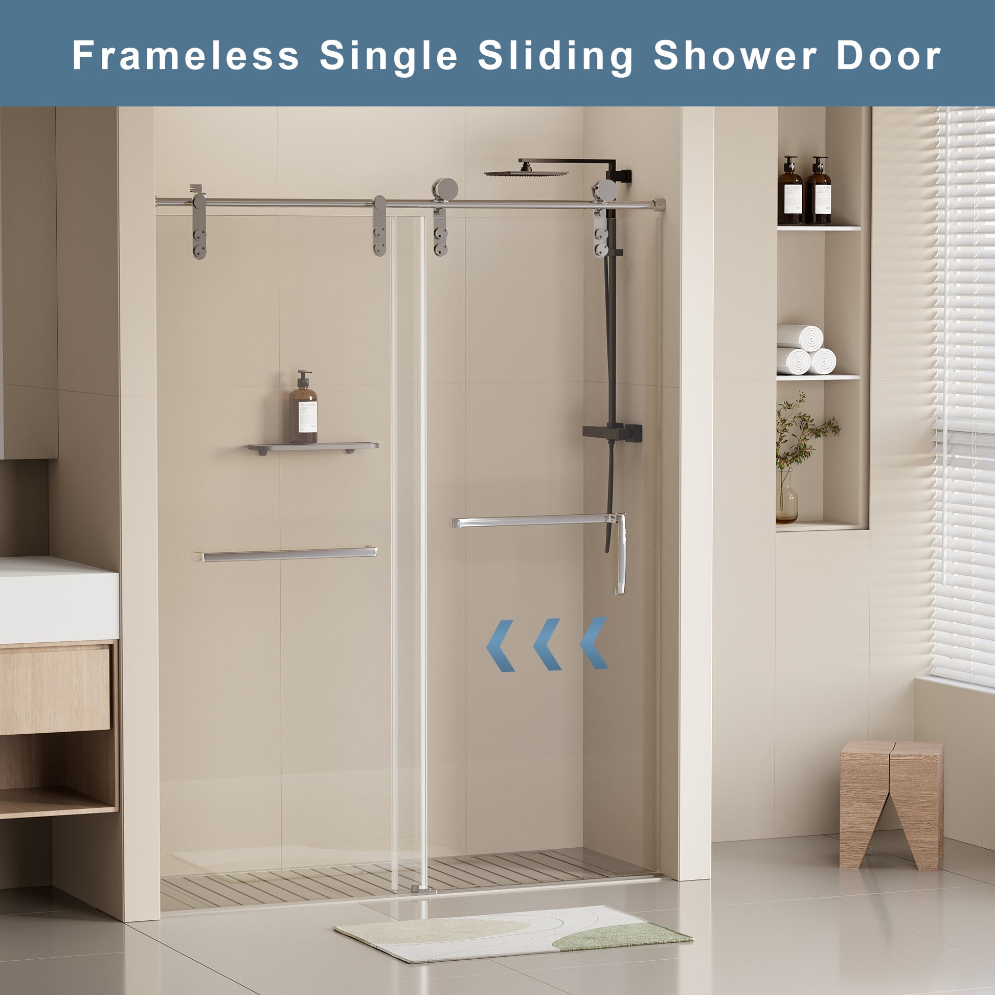 56 60 In. W X 76 In. H Frameless Shower Door, Single Sliding Shower Door, 5 16" 8Mm Clear Tempered Glass Shower Door Explosion Proof Film, Stainless Steel Hardware, Chrome 24D210 60C Combo Chrome Stainless Steel