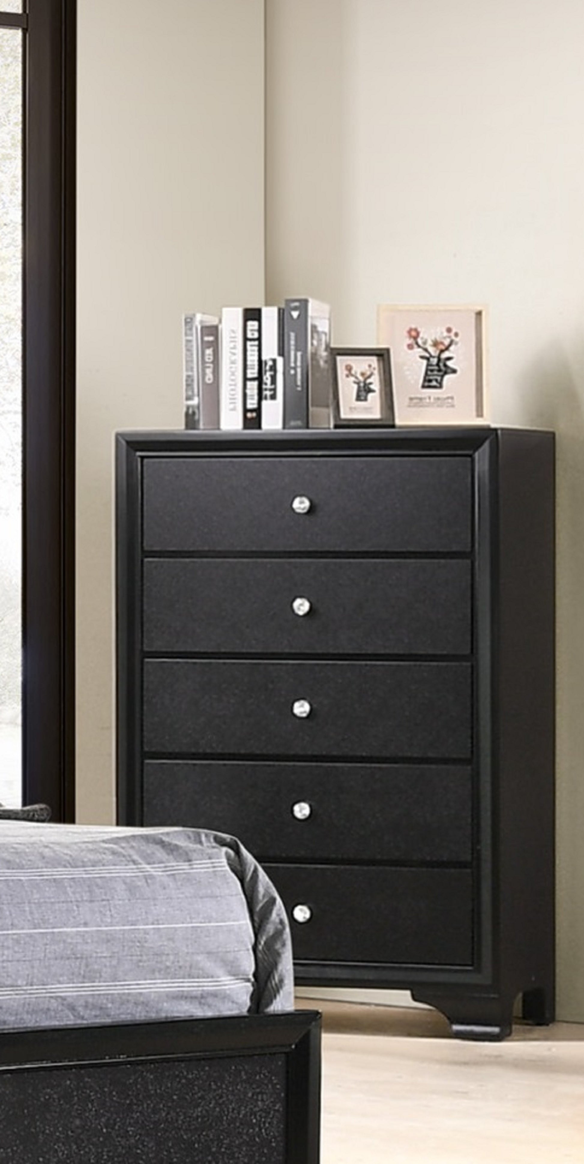 1Pc Modern Glam Style Black Finish Glam Five Drawer Chest Pattern Wooden Bedroom Furniture Black Bedroom Modern Solid Wood