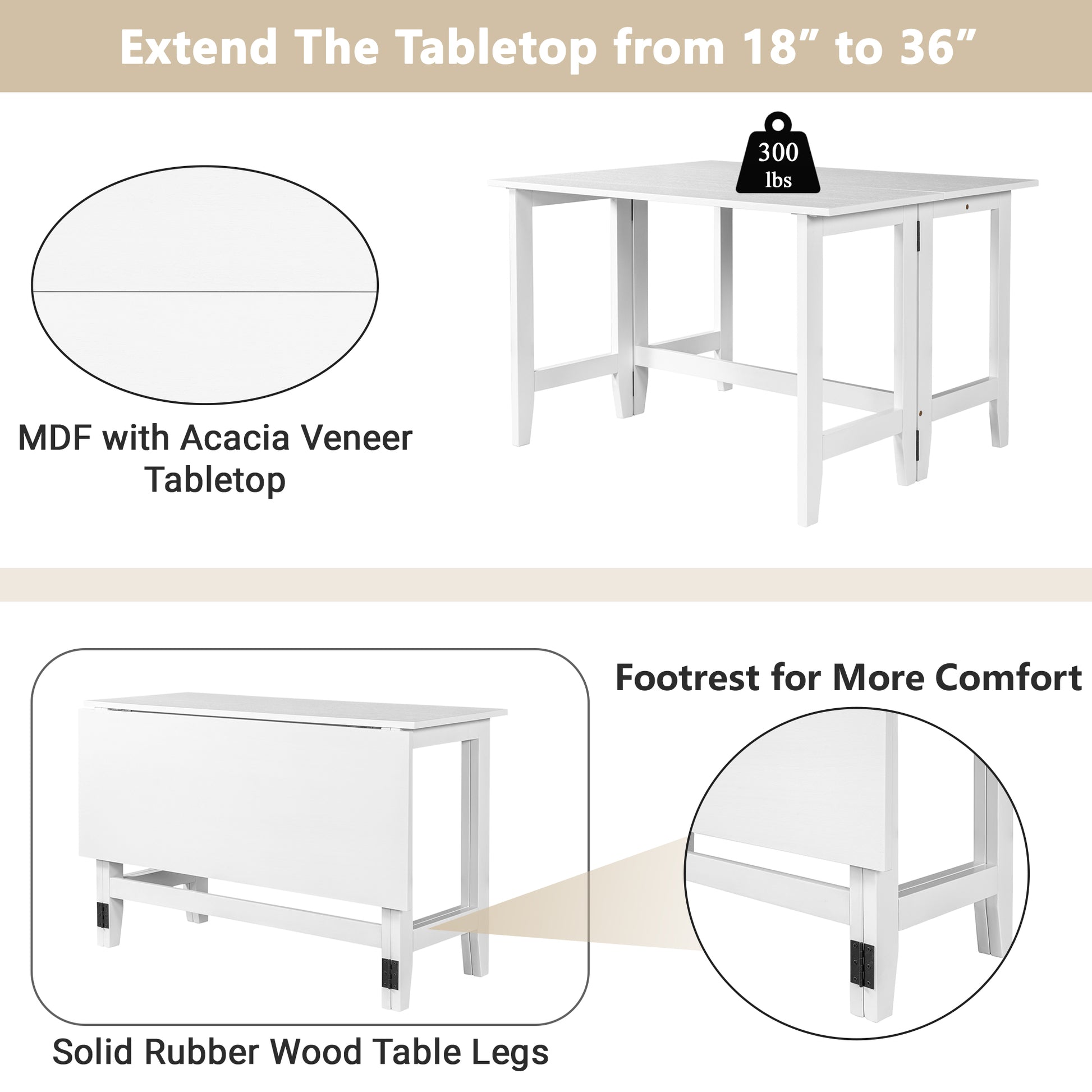 Farmhouse Wood Extendable Dining Table With Drop Leaf For Small Places, White White White Folding Dining Room Farmhouse Freestanding Rubberwood Rectangular Rectangular Kitchen & Dining Tables Solid