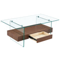43.3 Inch Modern Two Tier Coffee Table Clear Tempered Glass And Dark Wood Grain, Multifunctional Storage Design.The Bottom Tier Includes A Drawer.Can Be Used As A Coffee Table,Side Table,Etc.