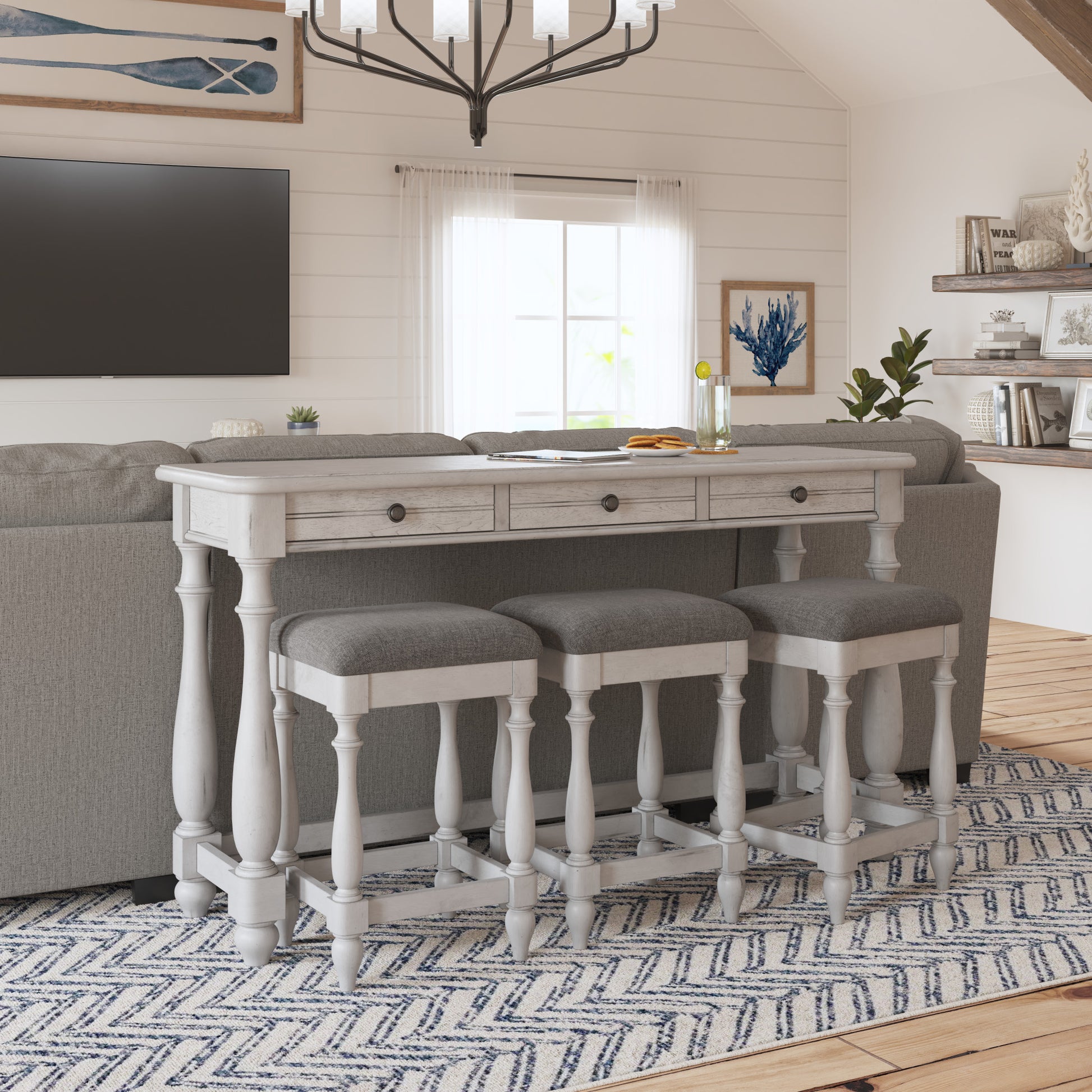 Mariano Gray Sofa Table With Three Stools Gray Drawers Solid Wood
