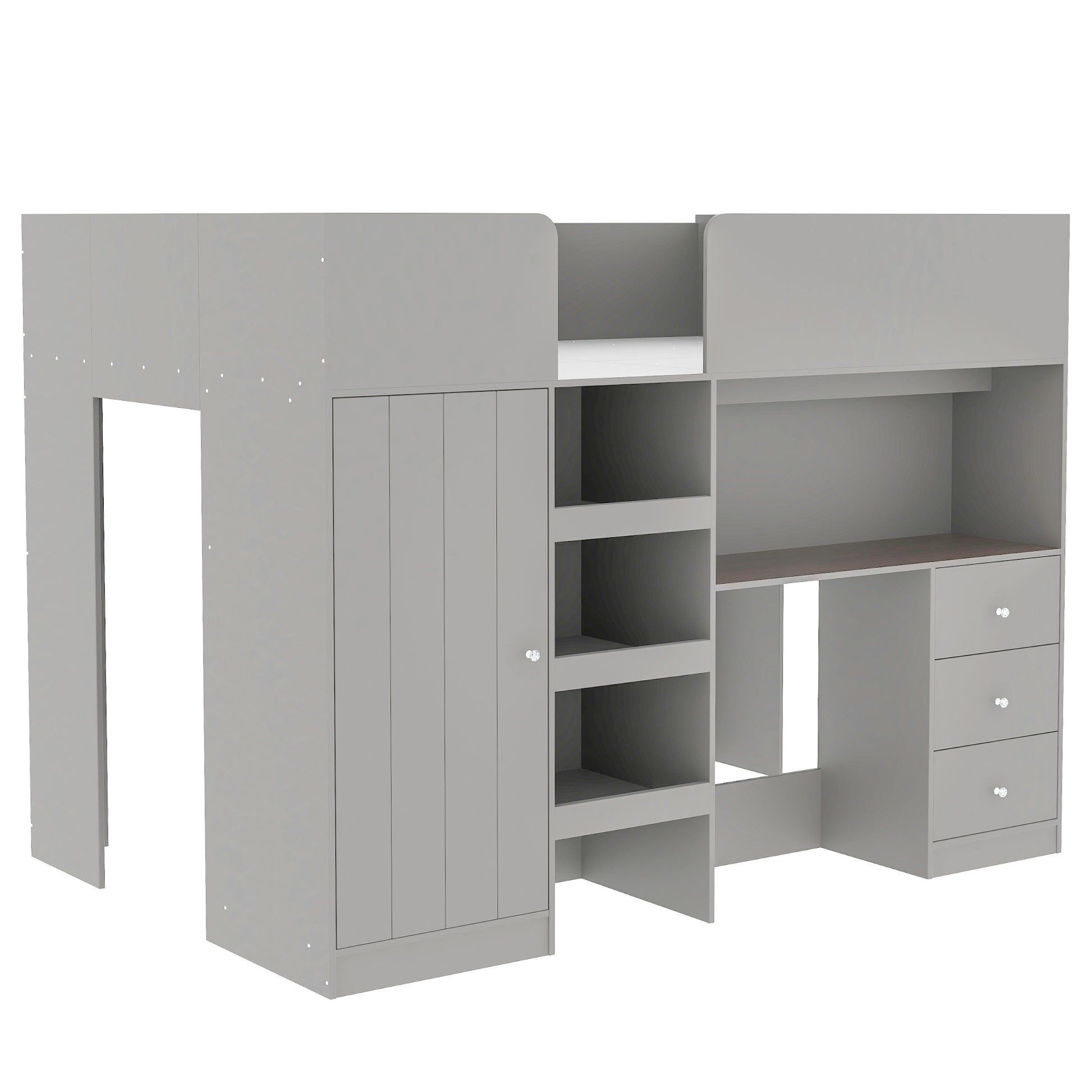 Wood Full Size Loft Bed With Built In Wardrobe, Desk, Storage Shelves And Drawers, Grey Box Spring Not Required Full Grey Wood Bedroom Bed Frame Solid Wood Mdf