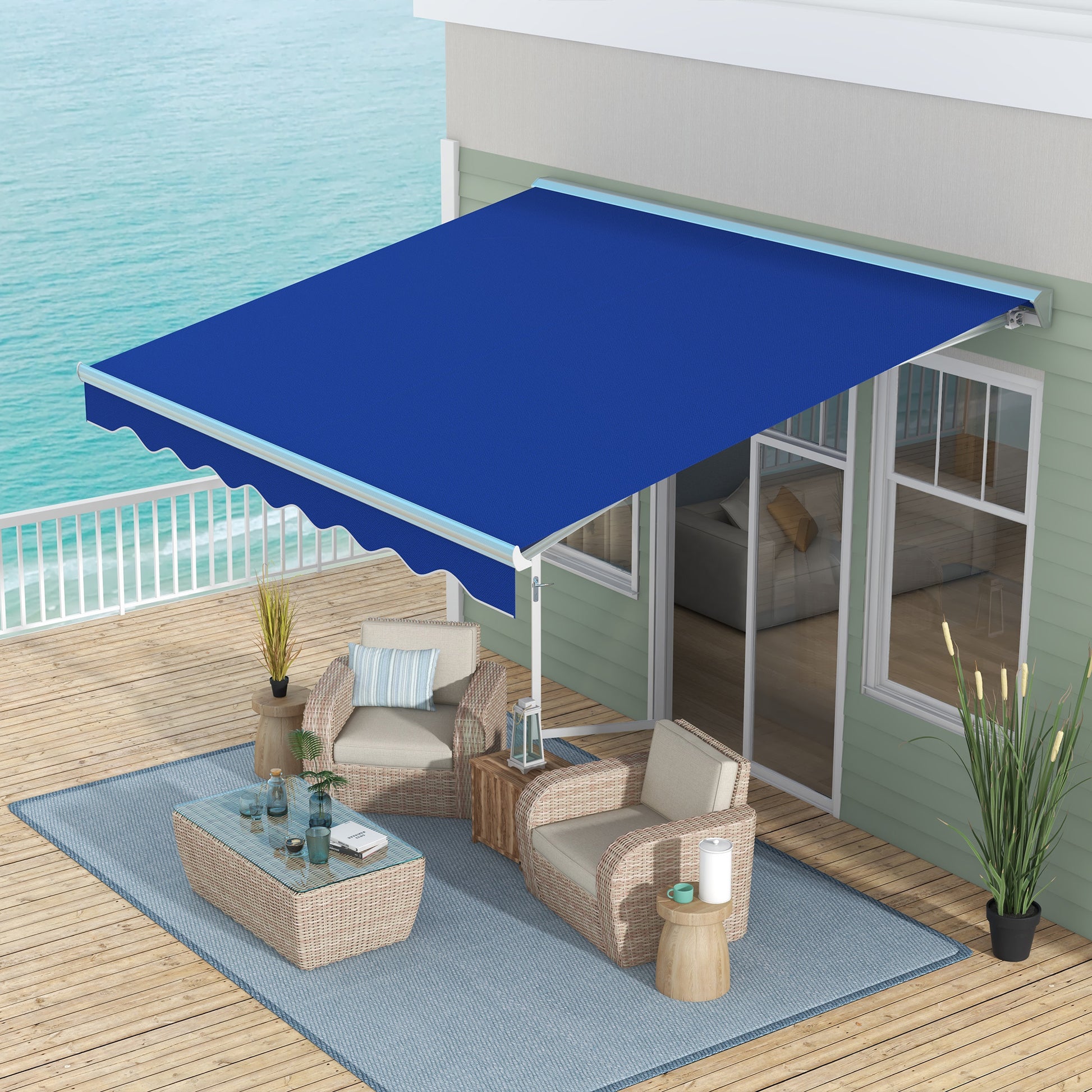 Outsunny 13' X 10' Electric Awning With Led Lights, Retractable Awning, Uv40 Sun Shade Shelter With Remote Controller And Crank Handle For Deck, Balcony, Yard, Blue Blue Aluminum