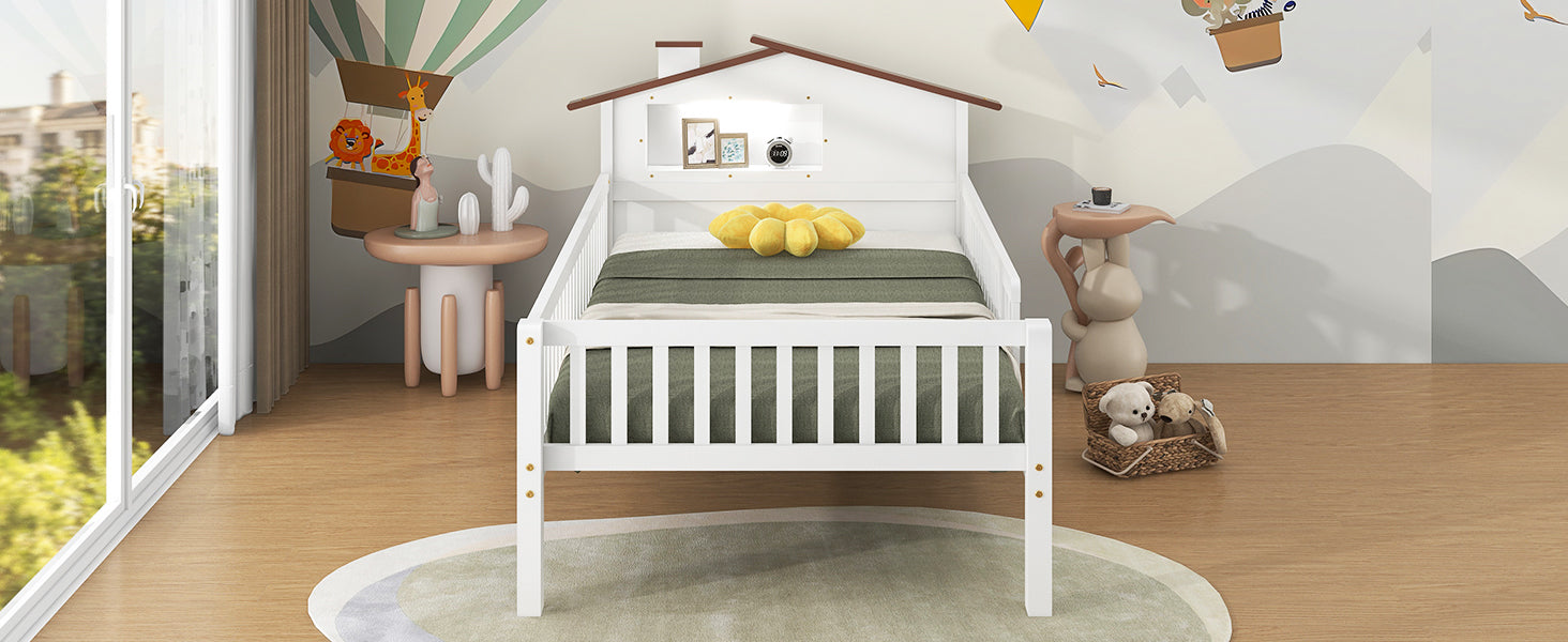 Twin Size Wood Platform Bed With House Shaped Headboard, Led And Built In Storage, White Box Spring Not Required Twin White Wood Bedroom Bed Frame Wood